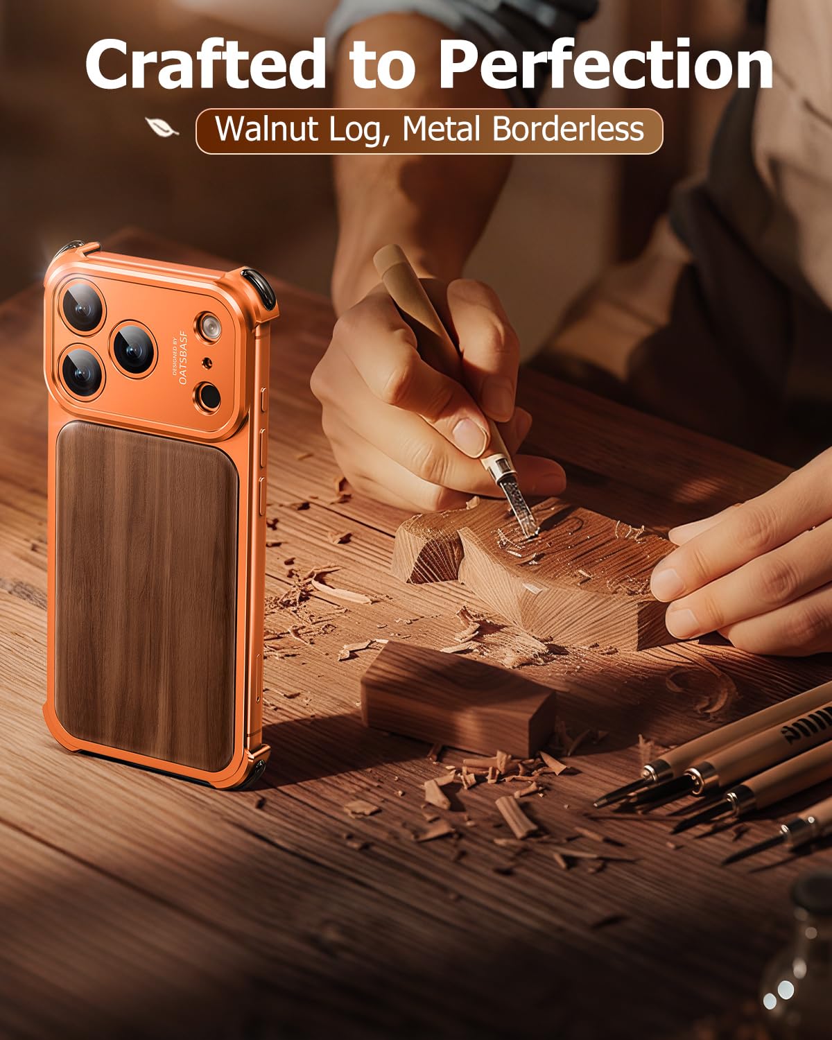 OATSBASF Funda para iPhone 17 Pro Max, protección completa de la cámara, compatible con cargador MagSafe, marco de metal, panel trasero de grano de madera (naranja, para iPhone 17 Pro Max)