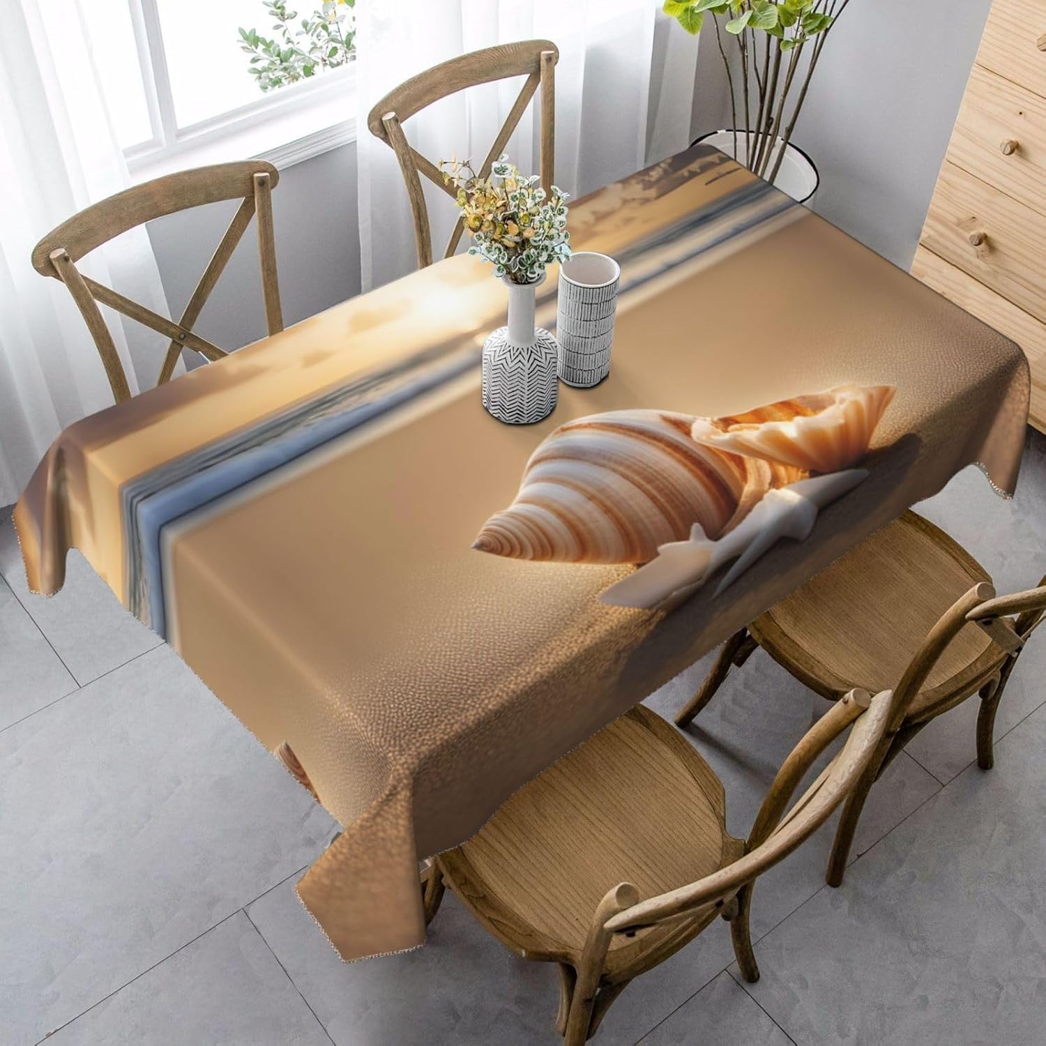Kwadratowy obrus 160 x 160 cm Plaża Ślimak, tkanina poliestrowa odporna na plamy i zmywalna, ochraniacz na stół dla 4-6 osób, do użytku w kuchni, salonie wewnątrz i na zewnątrz 6379v