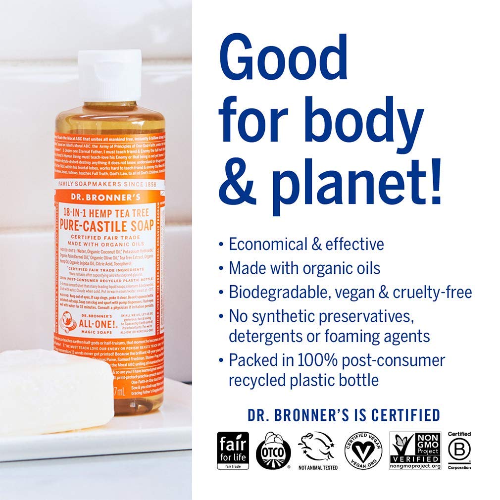 Dr. Bronner's - Pure-Castile Liquid Soap (4 oz Variety Pack) Peppermint, Lavender, Tea Tree, Eucalyptus, Almond, & Baby Unscented - Made with Organic Oils, 18-in-1 Uses: Face, Body, Hair, Laundry, Pets and Dishes | 6 Count