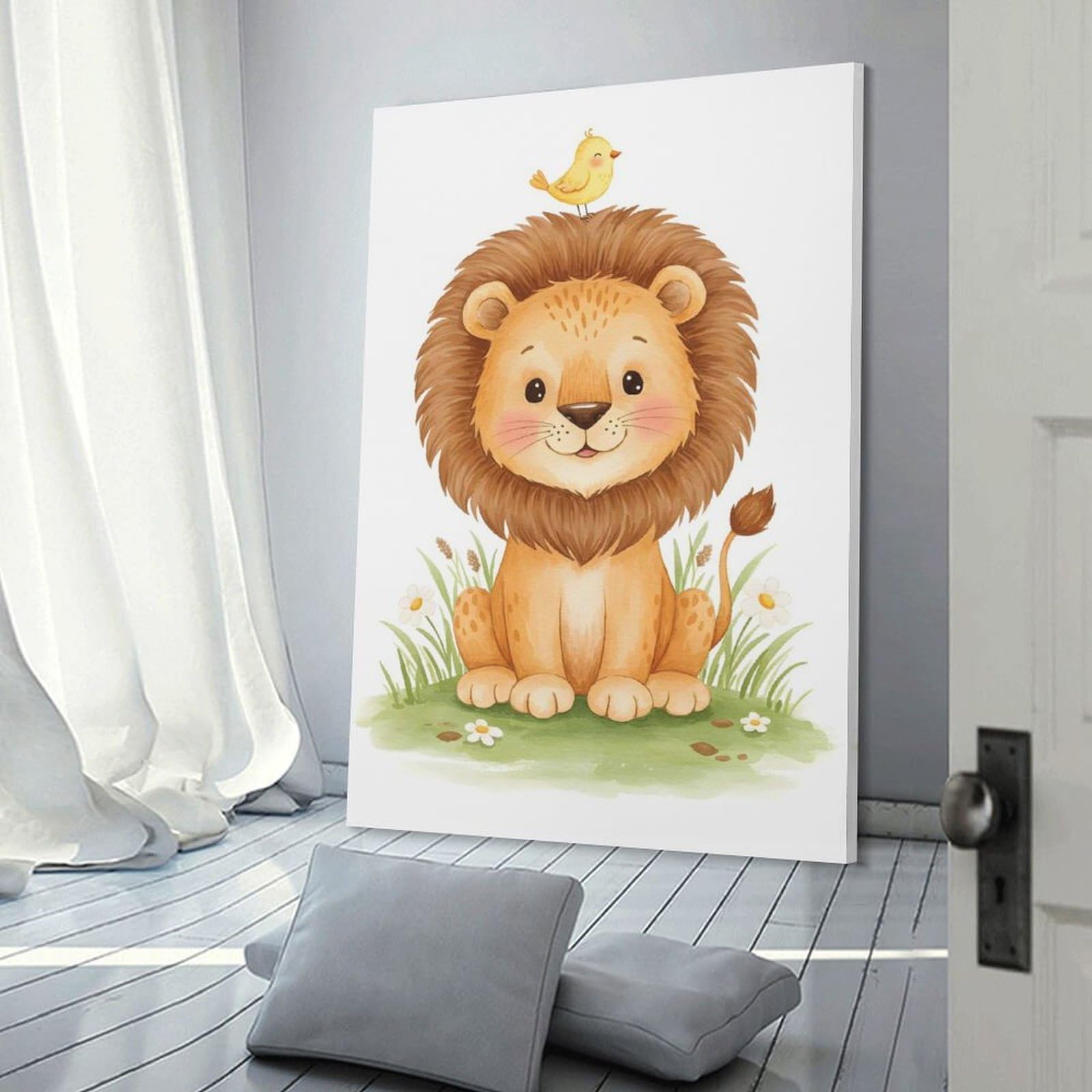 Junmoney Canvas Art Print Cute Lion with Bird, 24x36inch(60x90cm), for Feature Walls in Flats Or Modern Rooms, Wall Decor Suited to Curated Displays