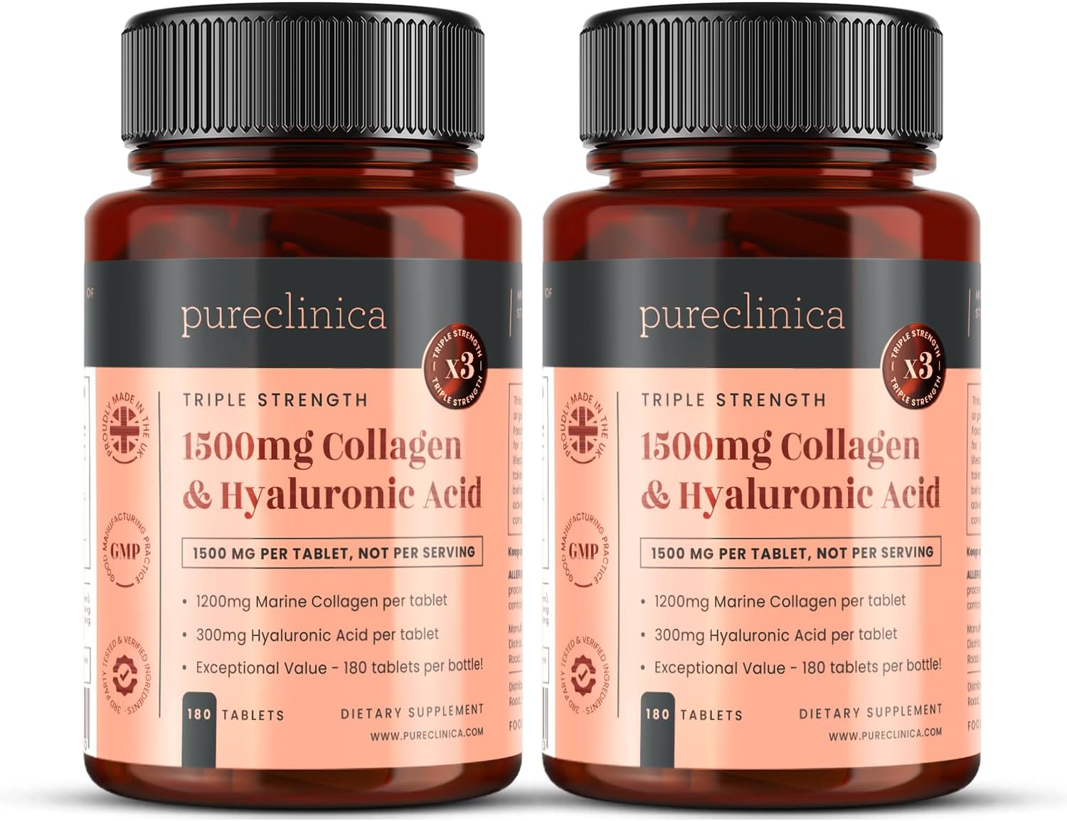 1500mg x 360 tabletten. 1200mg UltraColl Collageen en 300mg Hyaluronzuur per tablet. (2 flessen van elk 180 tabletten – voorzien van 12 maanden).