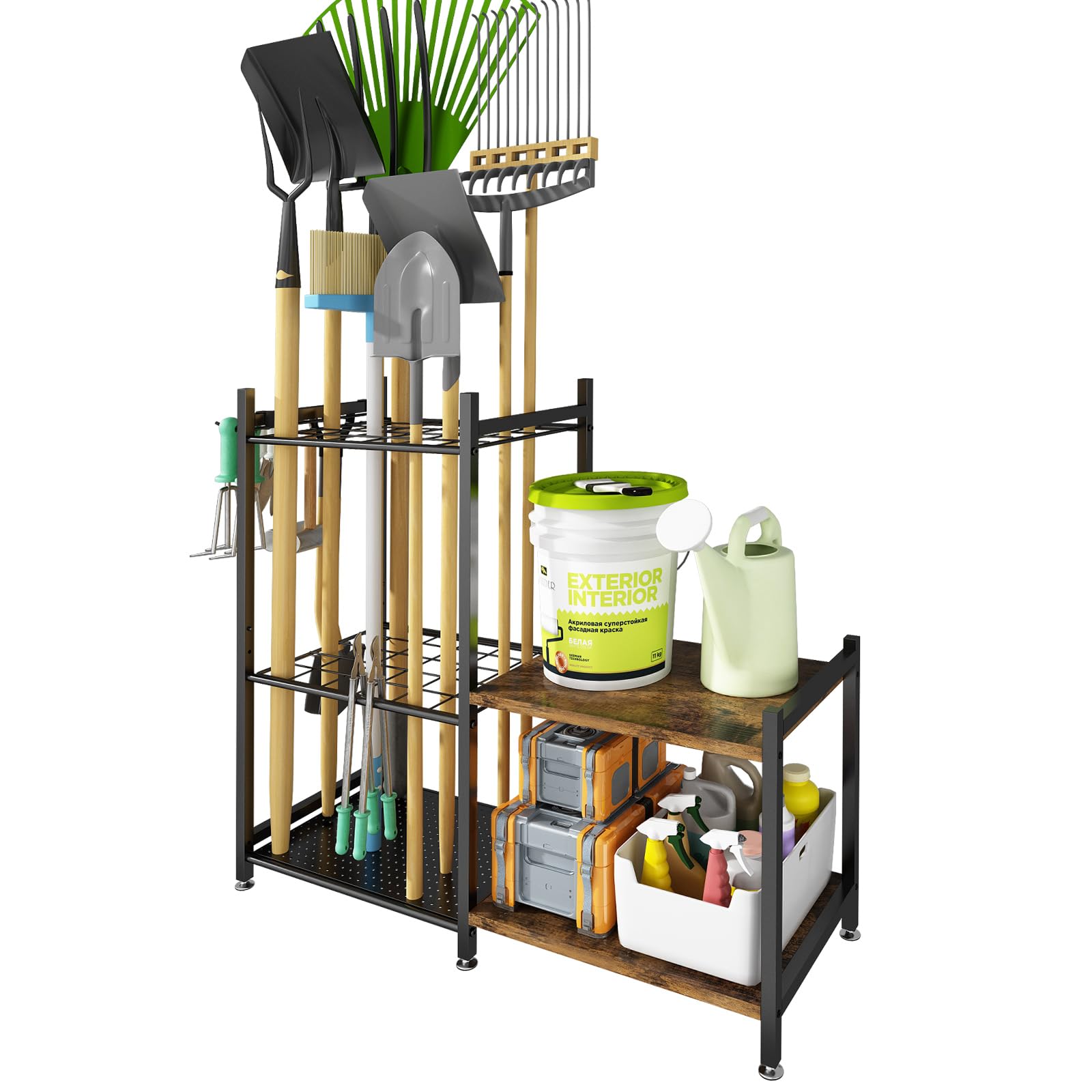Garden Tool Organizer with 2 Tier Shelves for Garage, Utility Storage Racks with Hooks, Metal Yard Tool Stand Holder Organizer for Long-Handled, Broom, Shovel, Rake, Sturdy Rack for Outdoor, Yard
