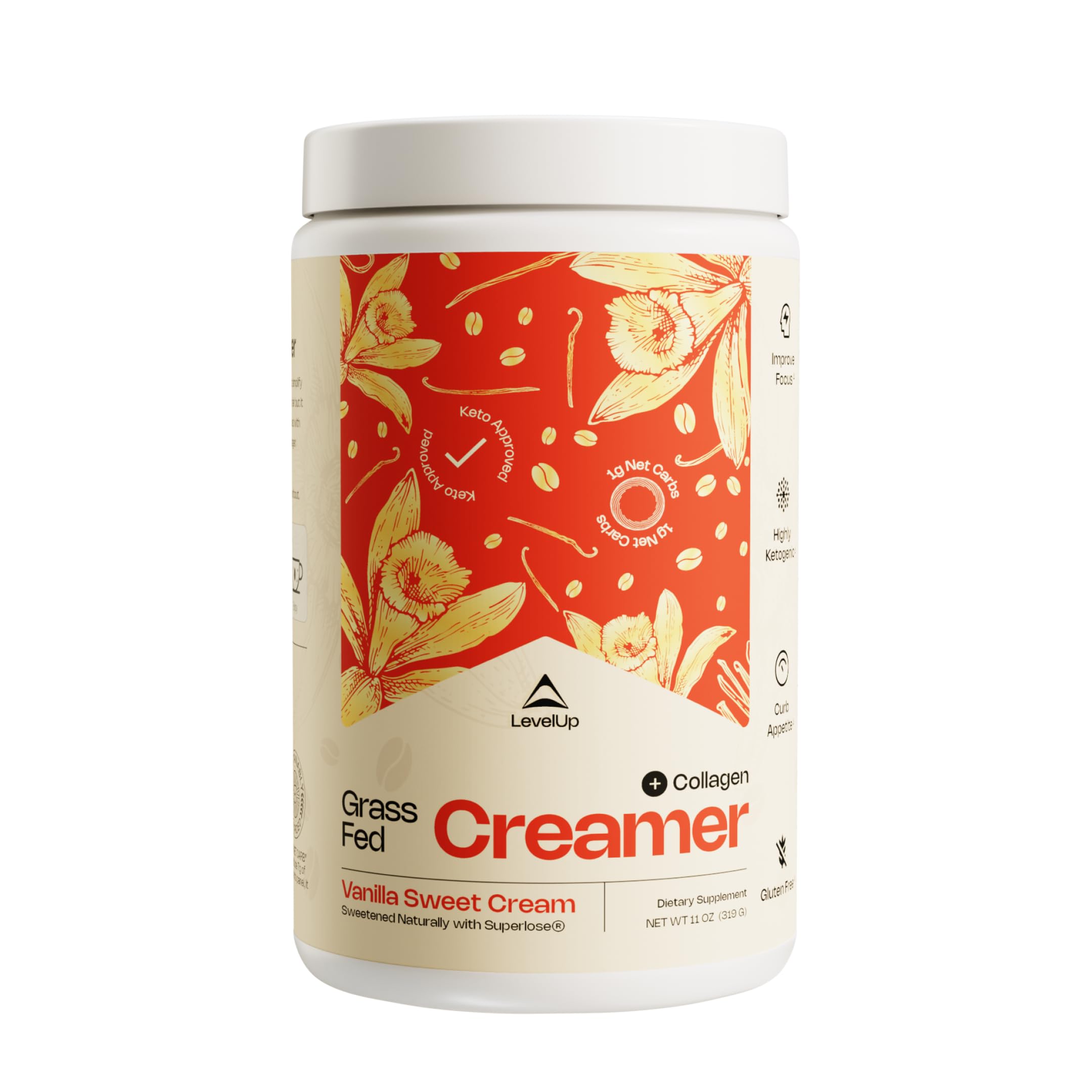 LevelUp Grass Fed Keto Creamer - Grass Fed Butter - Grass Fed Collagen - Grass Fed Whey - Pure C8 MCT Oil - The Perfect Keto Bomb BPC Creamer (Vanilla Sweet Cream 10 oz)