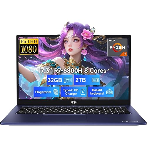 NIMO 17.3" IPS FHD-Gaming-Laptop, 8 Cores AMD Ryzen 7 6800H 32GB DDR5 RAM 2TB SSD (Beat i7-12700H, Up to 4.7GHz) AMD Radeon 680M GPU-Computer with 100W Type-C Backlit Keyboard, Fingerprint