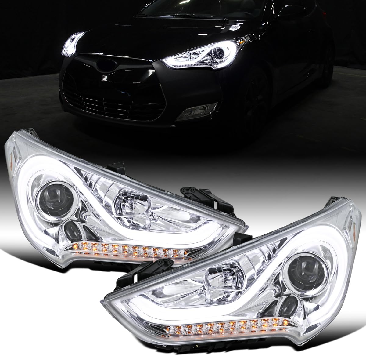Ronnin - Fits 2012-2017 Hyundai Veloster Upgrade LED Running Light Tube Sequential Turn Signals Projector Headlights Assembly Pair | Chrome