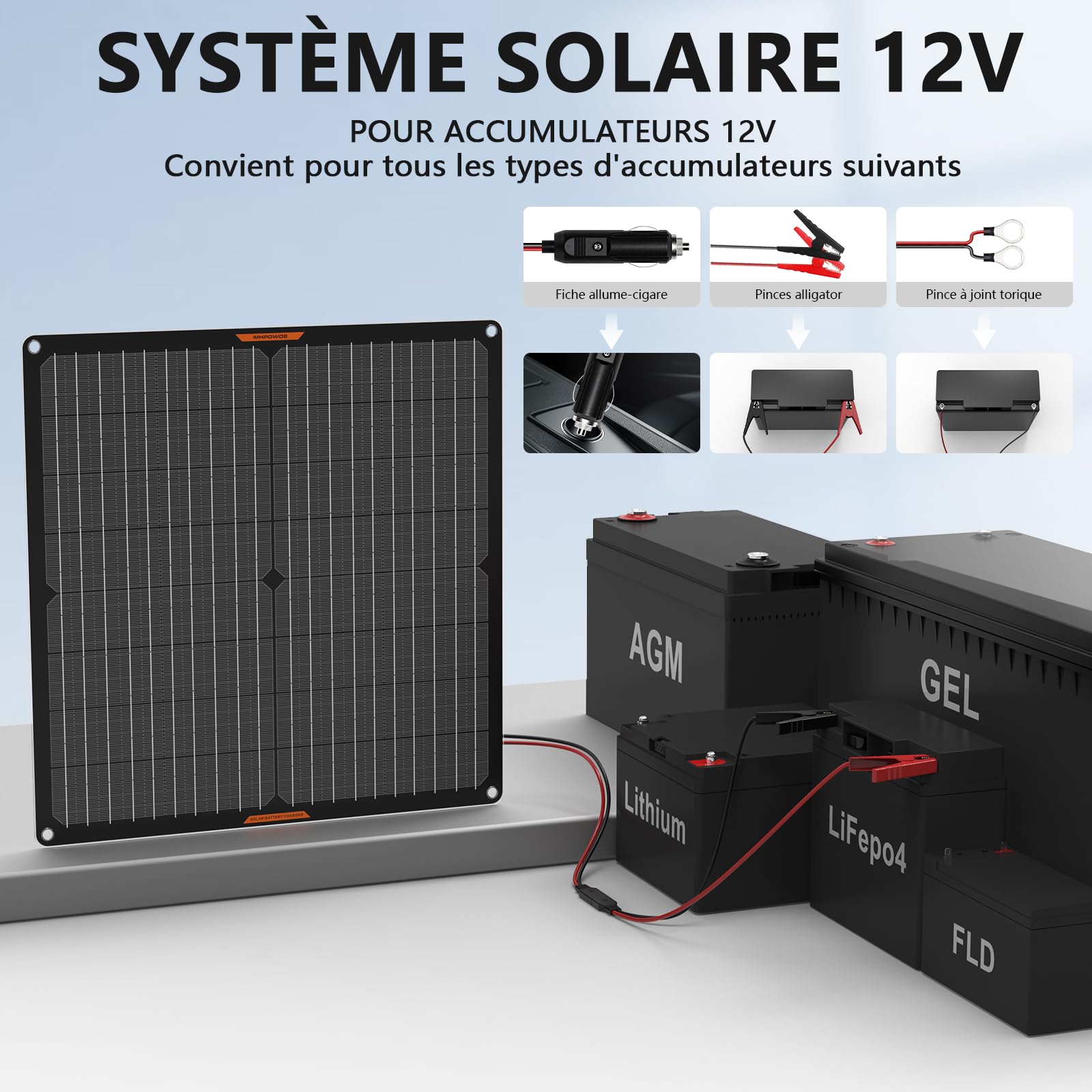 Panneau solaire 30 W 12 V Chargeur de batterie solaire de voiture Portable Chargeur de batterie solaire étanche & Chargeur d'entretien avec prise allume-cigare Trickle & pince crocodile