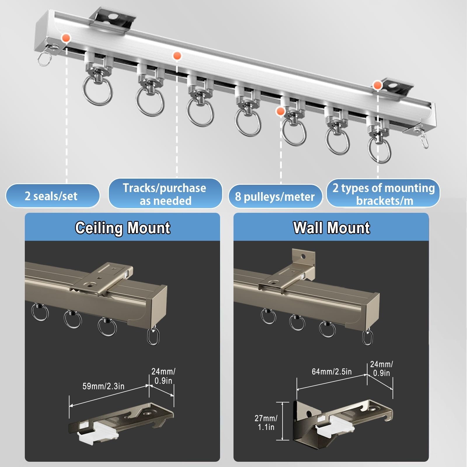 Système de rail de rideau robuste en alliage d'aluminium, rail simple silencieux pour rideaux et séparateurs de pièce, roulement à billes équipé pour salon et chambre à coucher