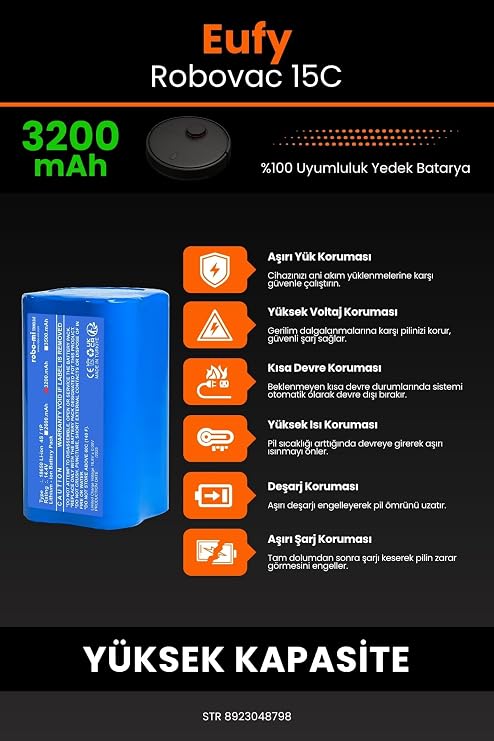 Eufy Robovac 15C Uyumlu Robot Süpürge Bataryası, 3200mAh Yüksek Kapasiteli