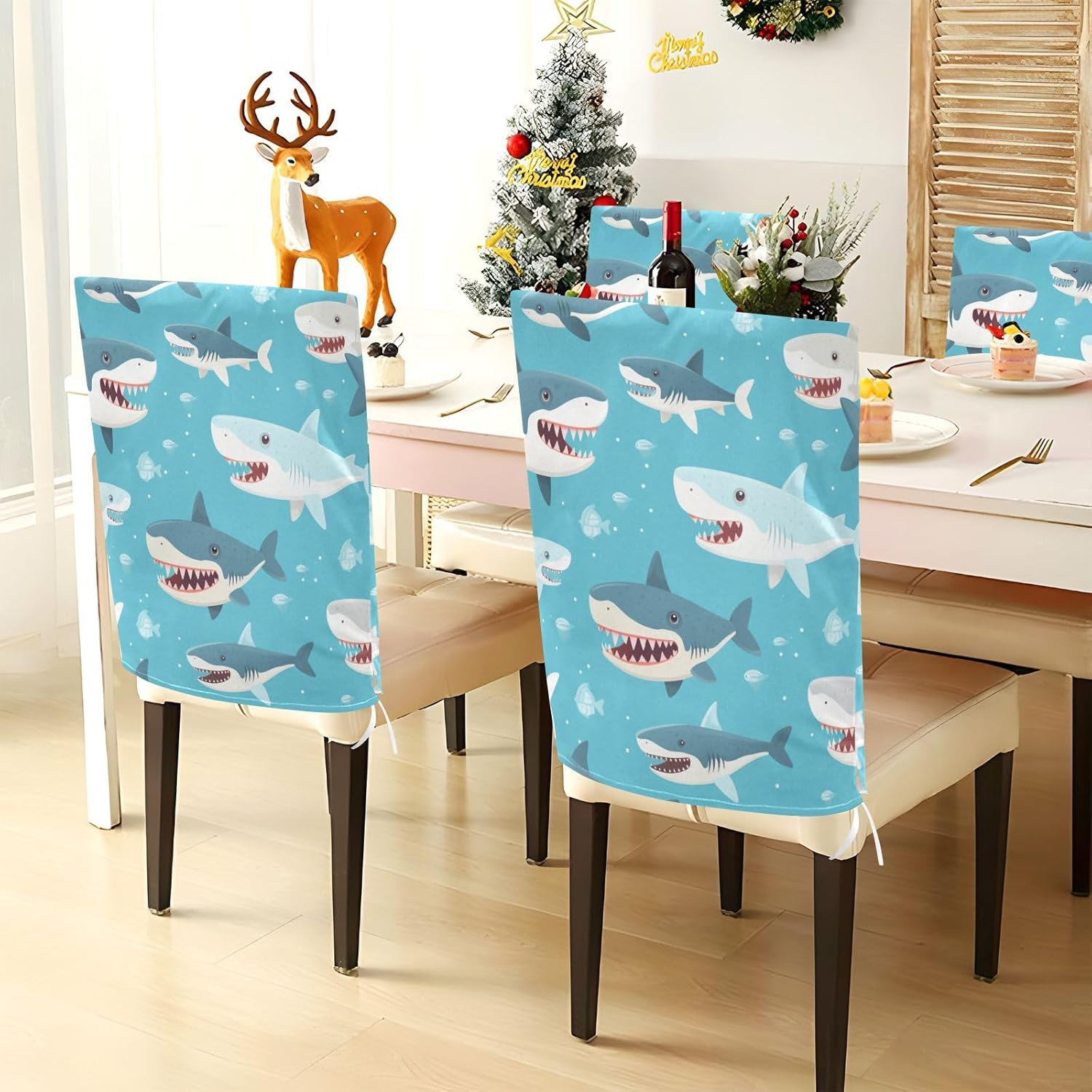 ALAZA Cute Sharks Fishes Chair Back Cover Set of 6, Washable Reusable Removable Chair Slipcovers Decorative Chair Cover for Home Kitchen Wedding Party