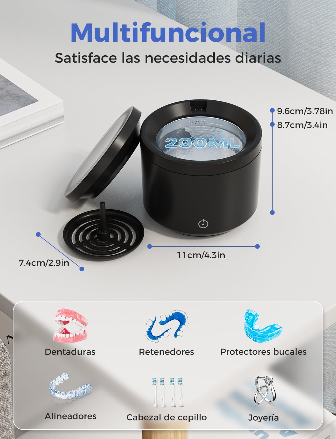 Limpiador Ultrasonidos Dental 48000Hz, Limpiador Ferula Dental 200ML para Lampara UV, Ultrasonic Cleaner para Dentaduras/Retenedores/Aligner/Cabezas de Cepillos de Dientes/Joyas, Negro
