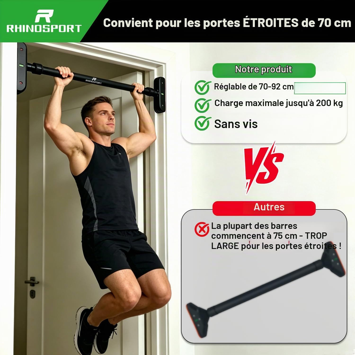 RHINOSPORT Barre de traction pour cadre de porte sans vis avec serrure à engrenage rotatif, barre de traction réglable de 69 à 92 cm, charge maximale de 200 kg
