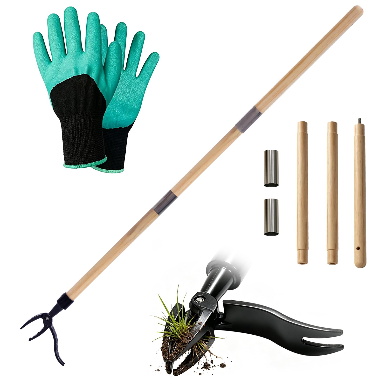 3T6B Unkrautstecher mit Handschuhe, 112cm Stiel Unkraut Entferner Gerät