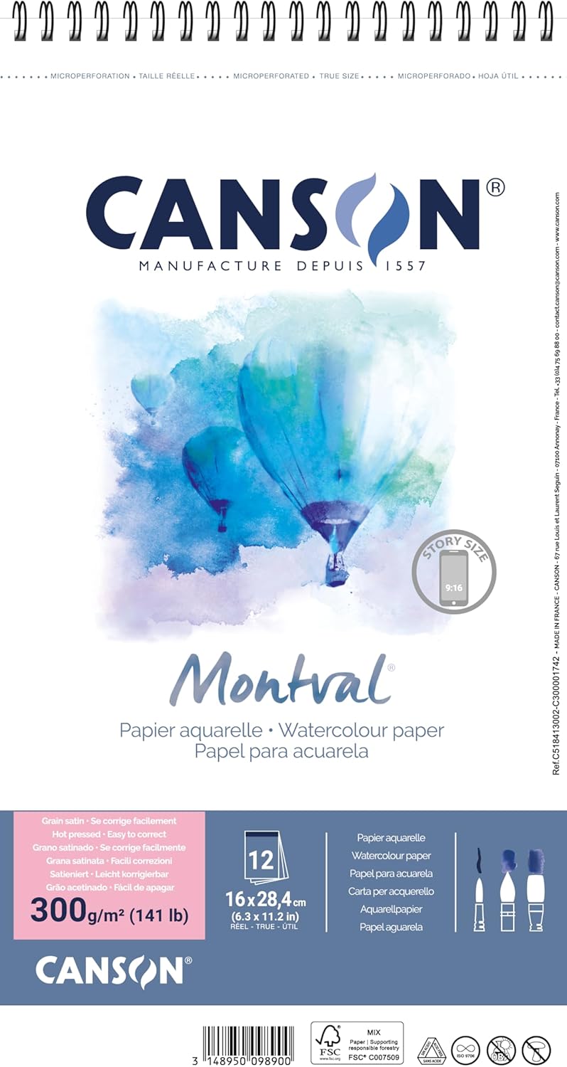 CANSON Montval Watercolour Paper Spiral Pad, Satin, 300 GSM, 12 Sheets, 16 x 28.4 cm