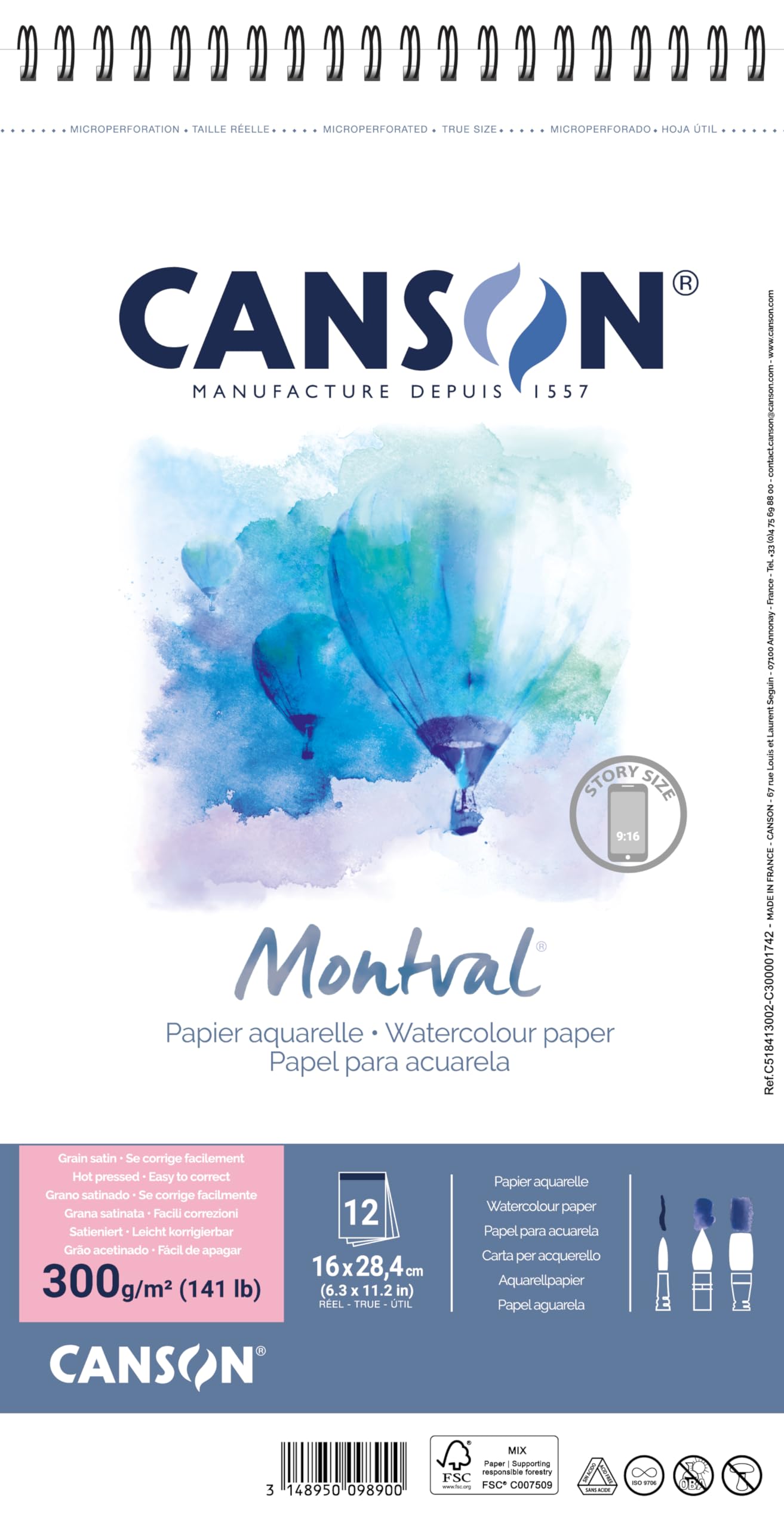 CANSON Montval, Watercolor Paper, Satin, 300gsm, Sheet, 16x28.5cm, Midnight Blue