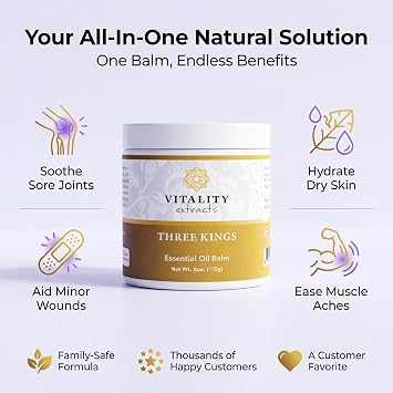 Vitality Extracts Three Kings Balm - 6oz, Frankincense, Myrrh, Sandalwood, Sacred, Ultra-hydration, Relief from Discomfort, Soft Skin