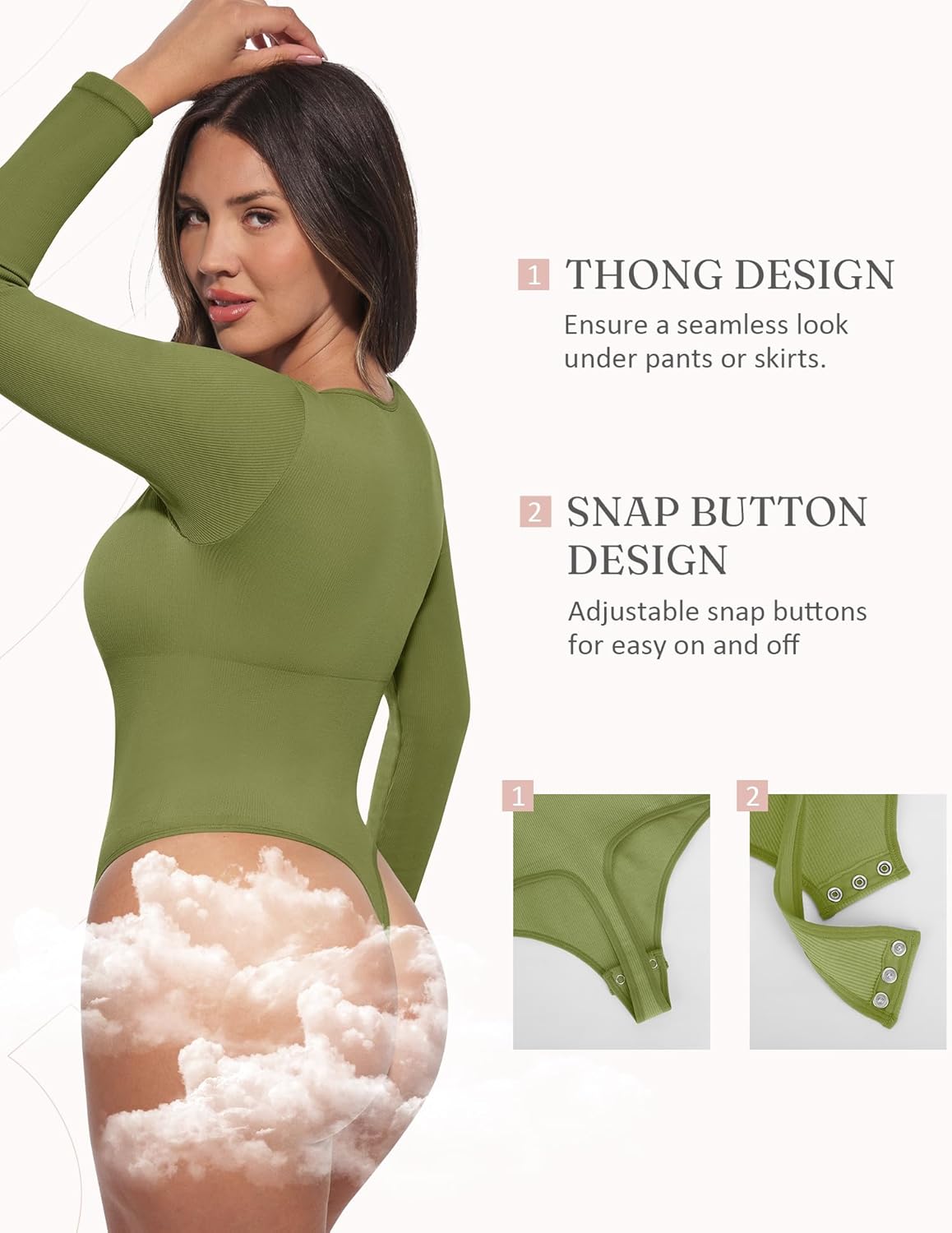 FeelinGirl Long Sleeve Shapewear Bodysuit for Women - Tummy Control Body Suits Seamless Thong Round Neck Body Shaper - Image 5