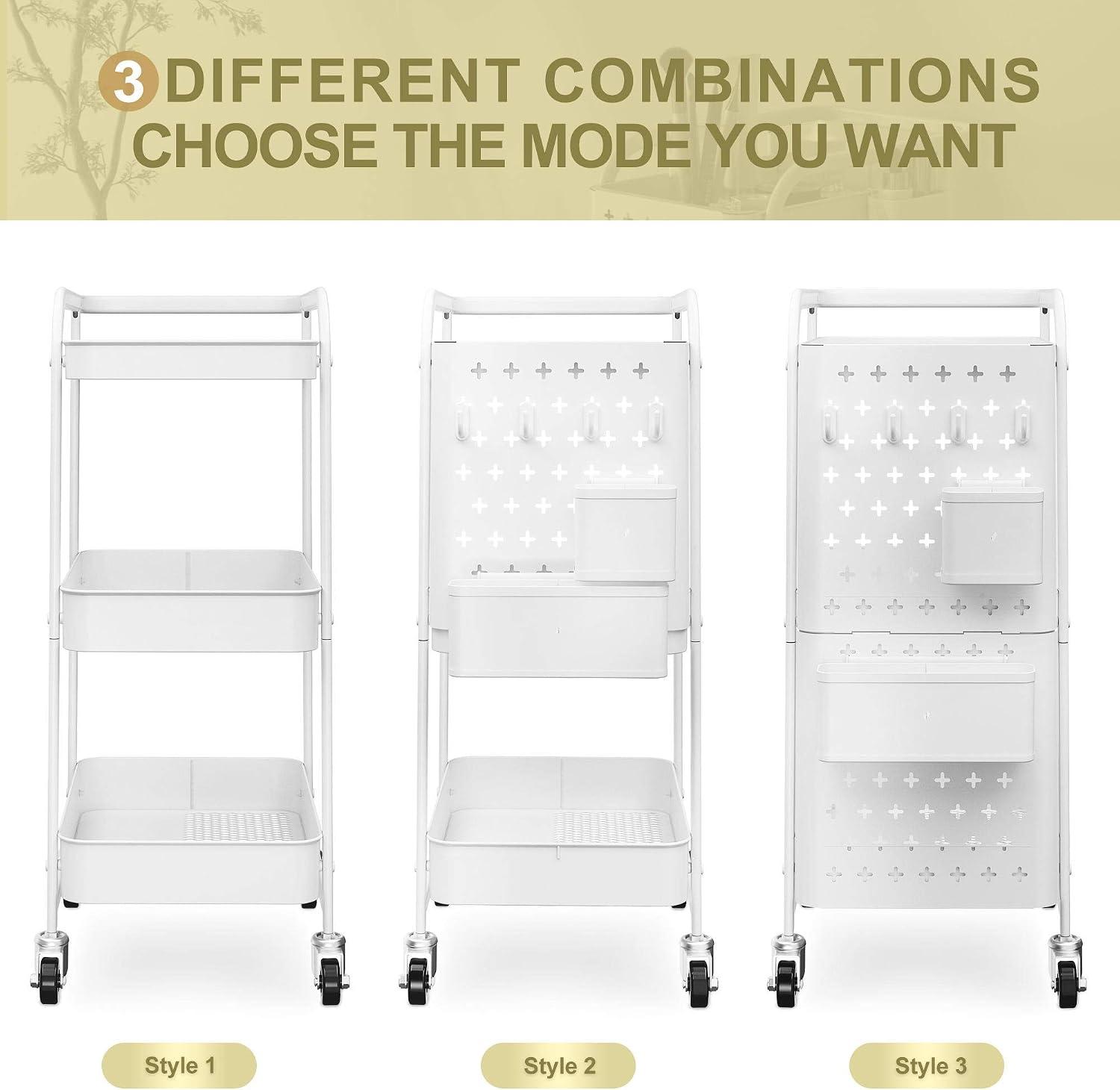 F&R 3-Tier Rolling Utility Cart with 2 DIY Pegboards, Metal Craft Cart with Lockable Wheels, 2 Storage Organizer Baskets and 4 Hooks, Accessory for Home, Office, Bathroom, Kitchen, White