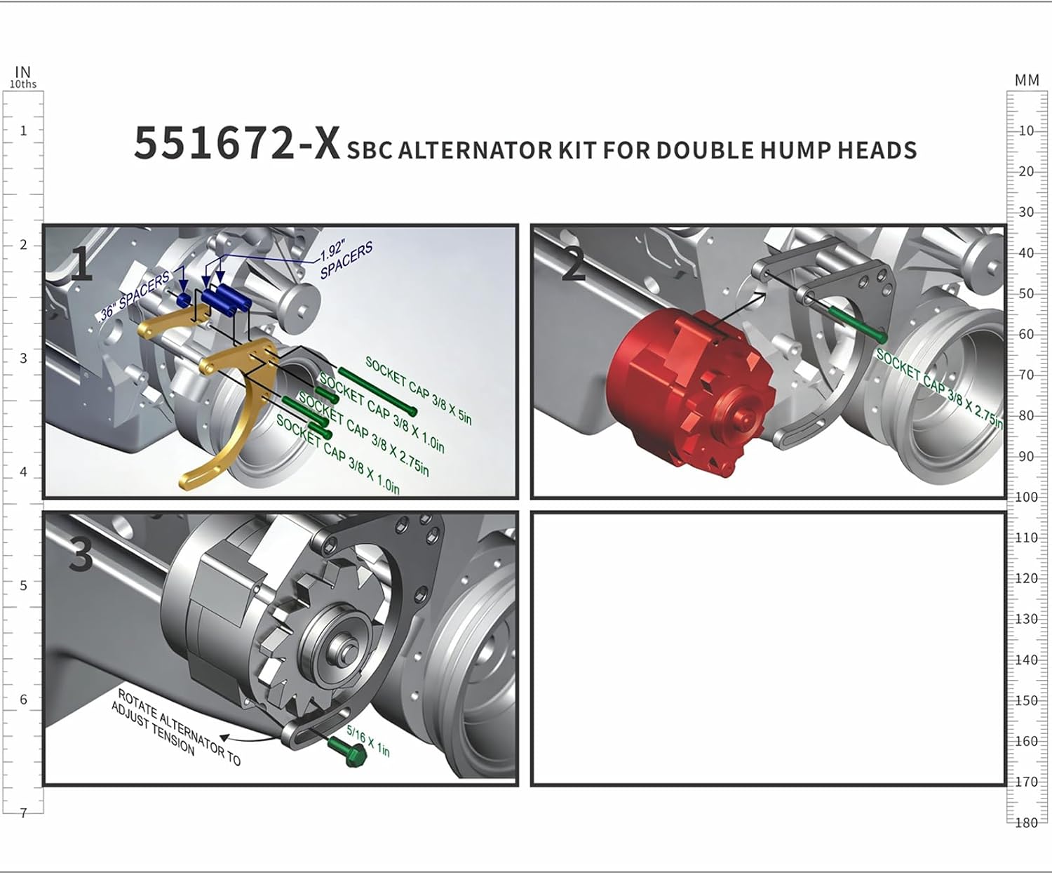 551576 SBC Alternator/Power Steering Pump Accessory Drive Bracket Kit for Double Hump Heads 305 327 350 383 5.0L 5.7L V8 Compatible With Small Block Chevy Long Water Pump