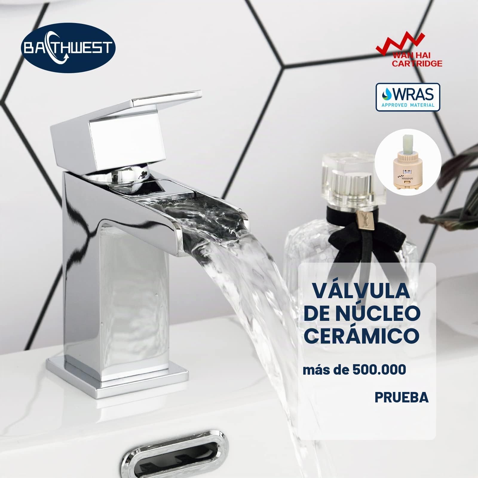 Grifos de lavabo cuadrados de cascada con desagüe, grifos monomando de latón cromado monobloque con tapón de fregadero 612M