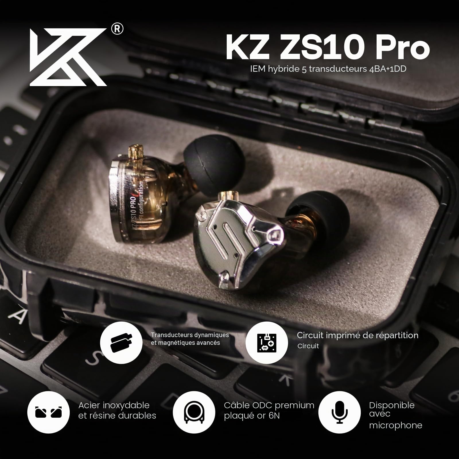 KZ ZS10 Pro Écouteurs Intra-Auriculaires Hybrides 4BA+1DD HiFi IEM Noir