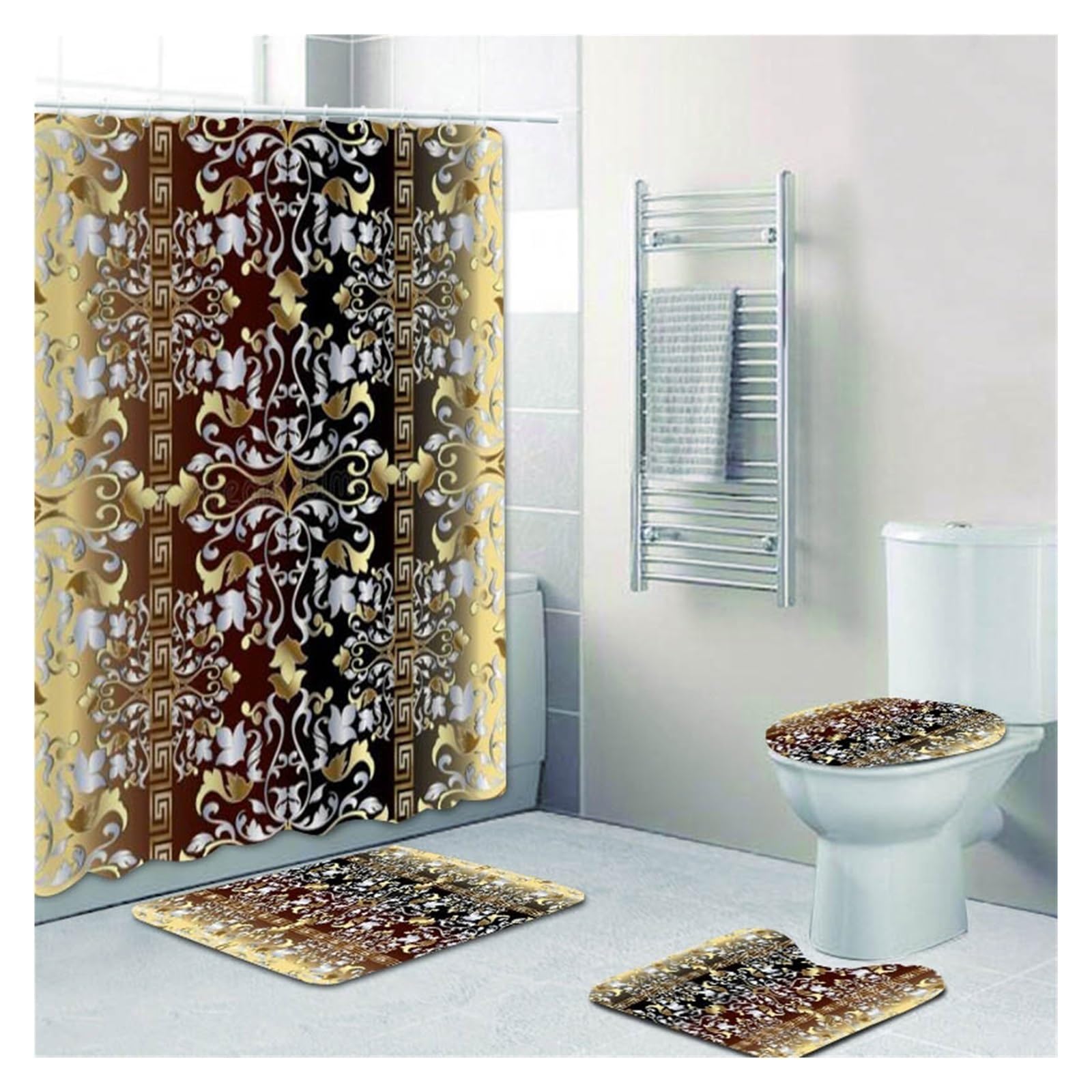GSJNHY Pattern Shower Curtain and Rug Set Abstract Geometric Bathroom Mats Rugs Toilet Decor Mat (Color : YLQ3046-4PCS Set9)