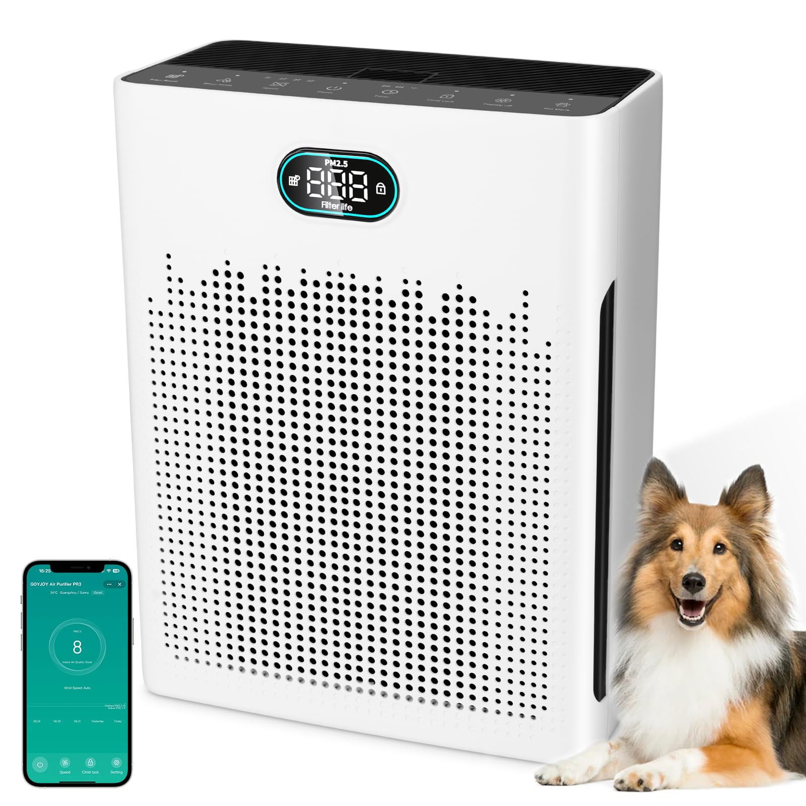 HEPA Luftreiniger,Air Purifier mit App-gesteuert&PM2.5 LED-Anzeige,Schlafmodus bis zu 22 dB,CADR 250m³/h bis 90㎡,Tiermodus,entfernt 99,97% von Staub, Pollen, Tierhaaren & Gerüchen