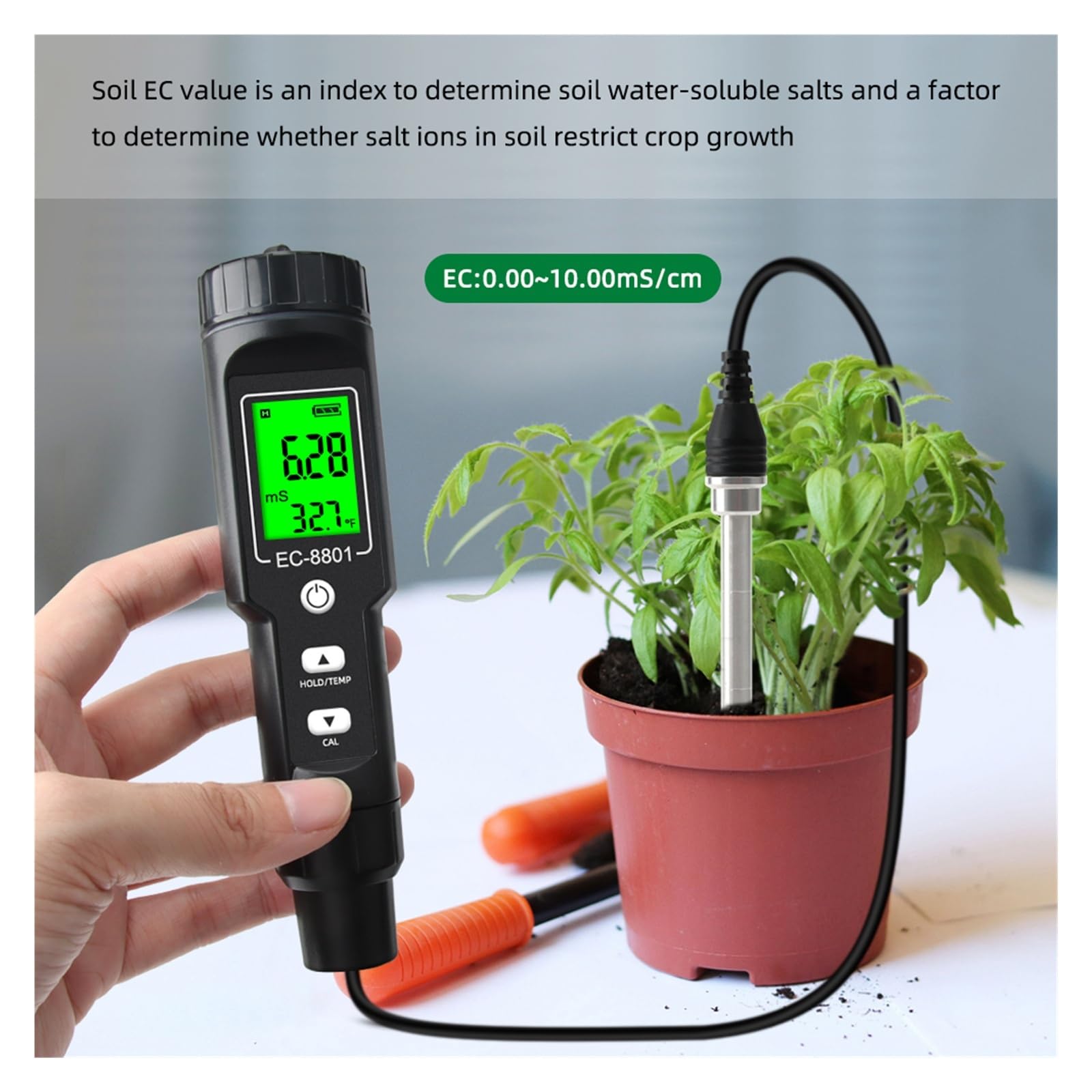 Medidor de Calidad del Agua, Termómetro Digital LCD multifunción for Suelos con CE, Resistente al Agua, retroiluminación y sonda Desmontable. para Campo y Laboratorio