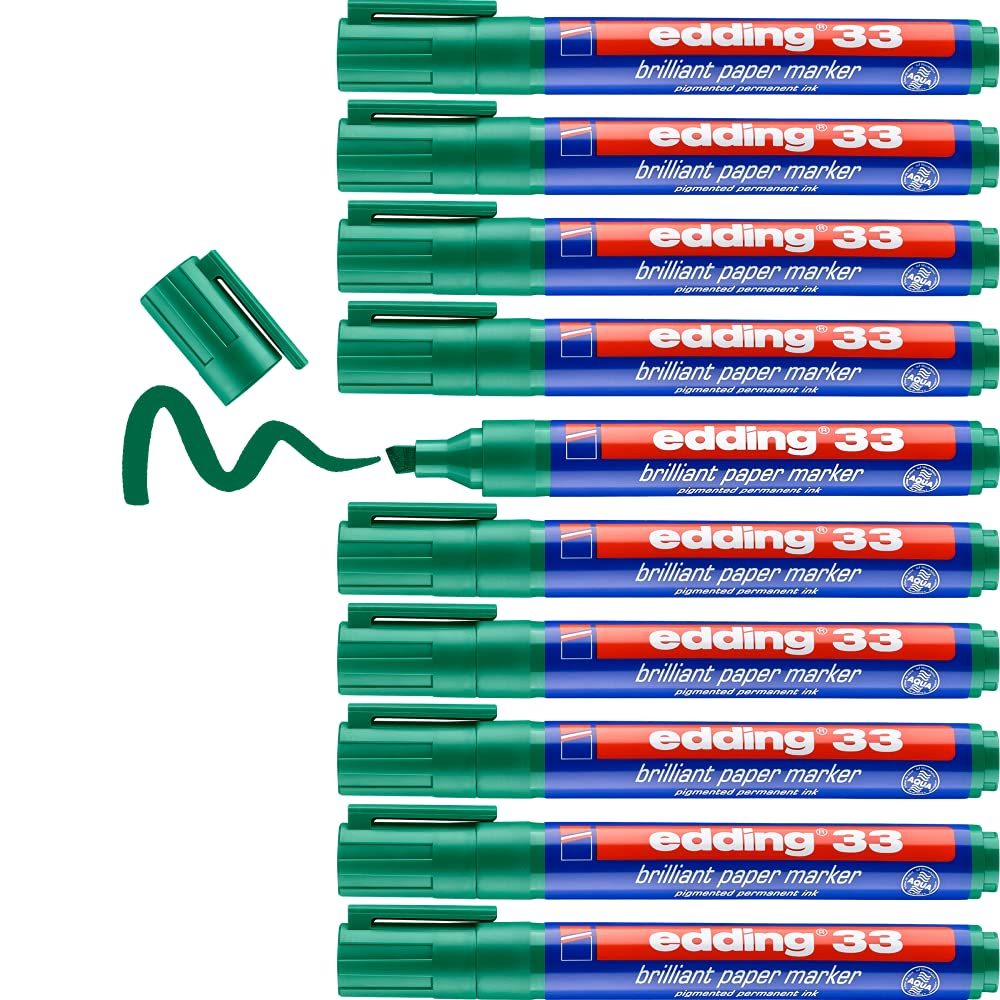 Edding 33 Brilliant Paper Marker - Green - 10 Waterproof Permanent Markers - Chisel Nib 1-5 mm - Vibrant Colours - Lightfast Marking on Paper, Card, Cardboard, Plastic, Metal and Glass, 4-33004