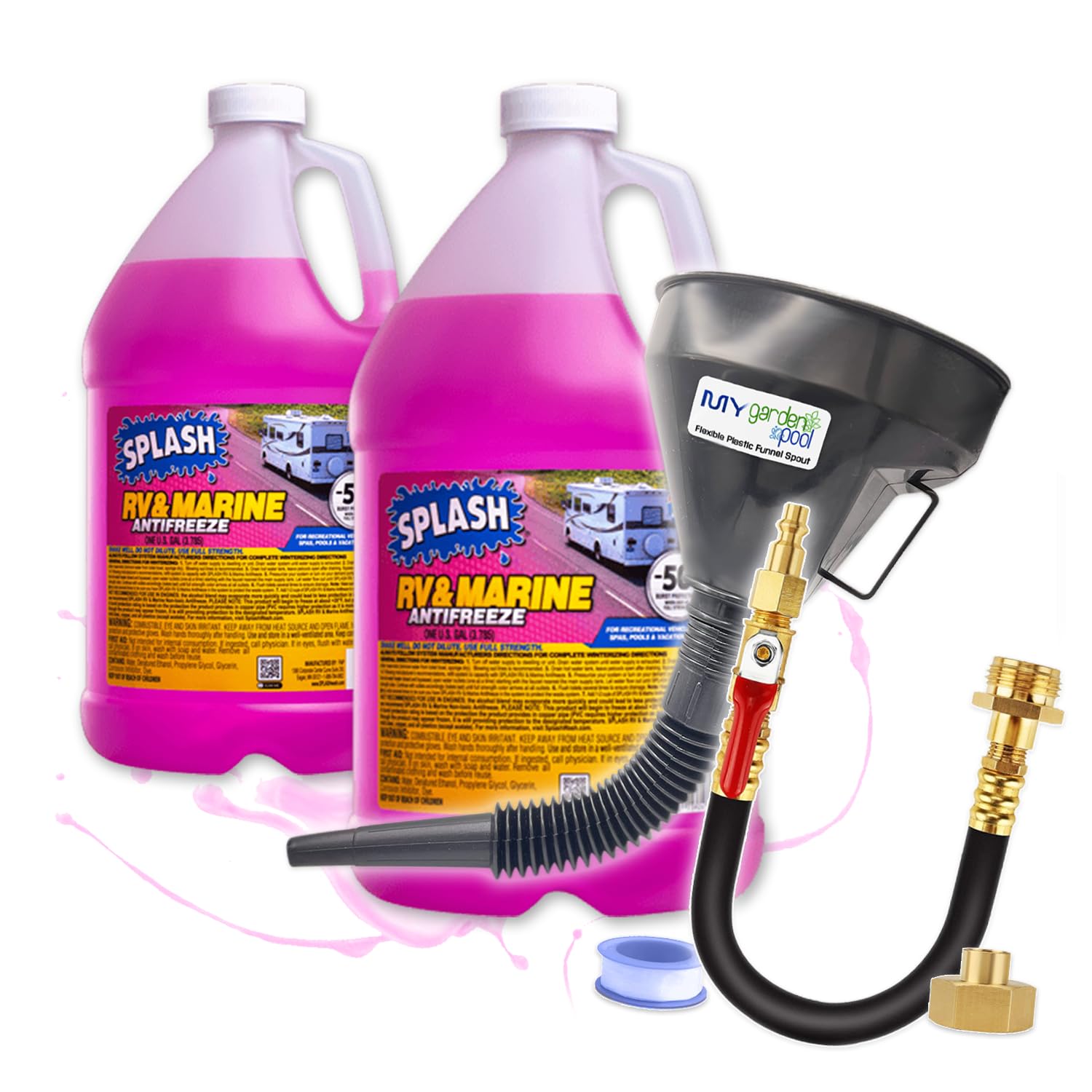 Splash RV & Marine -50°F Antifreeze 2 Gallon Set Flexible Plastic Funnel Spout and Sprinkler Blowout Adapter, Shut Off Valve - for Winterizing RV, Camper, Boat, Motorhome Systems