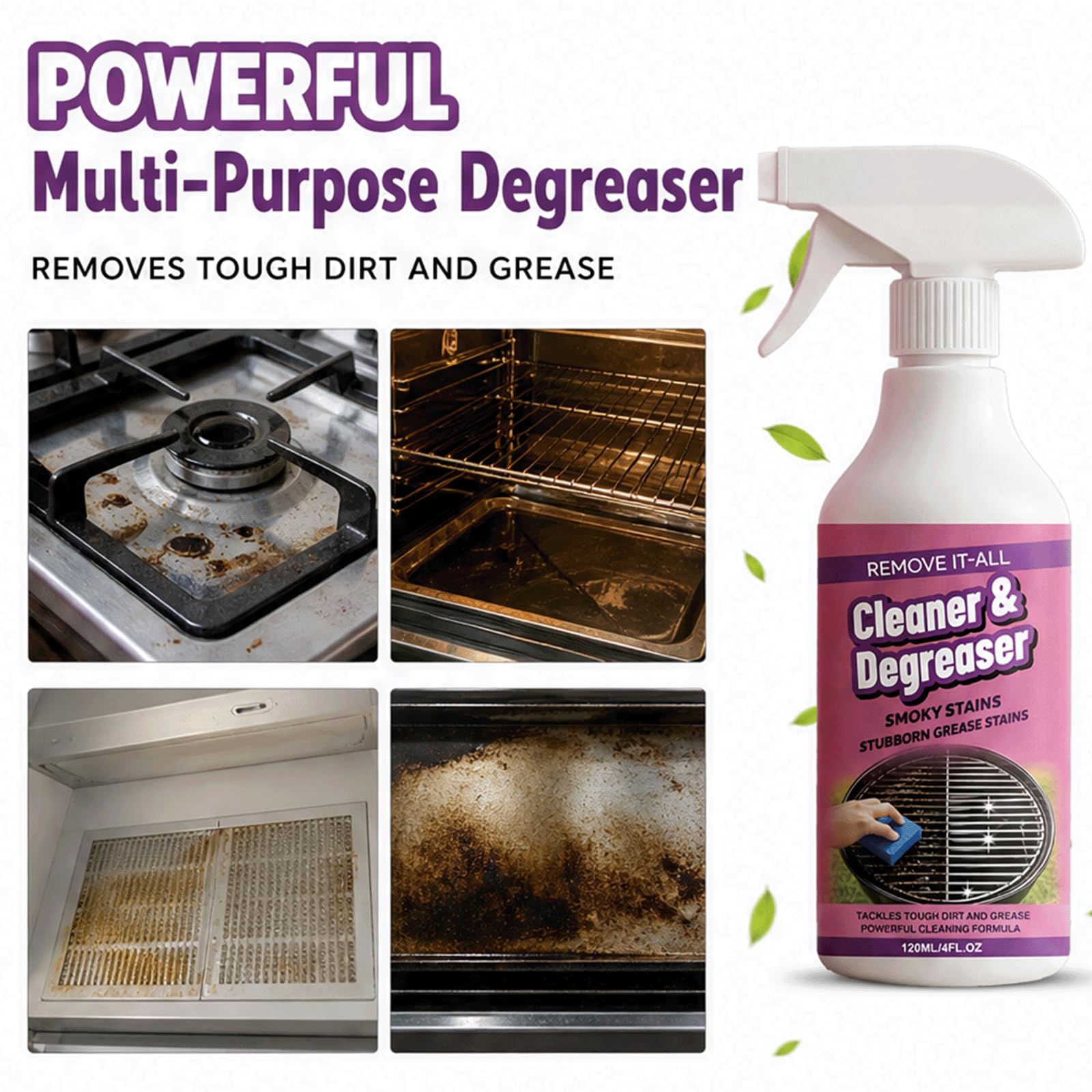 Spray desengrasante de cocina multiusos para trabajo pesado - Limpiador de manchas de aceite multisuperficie | Potente limpiador de espuma para alimentos quemados, grasa y barbacoa, (5 piezas)