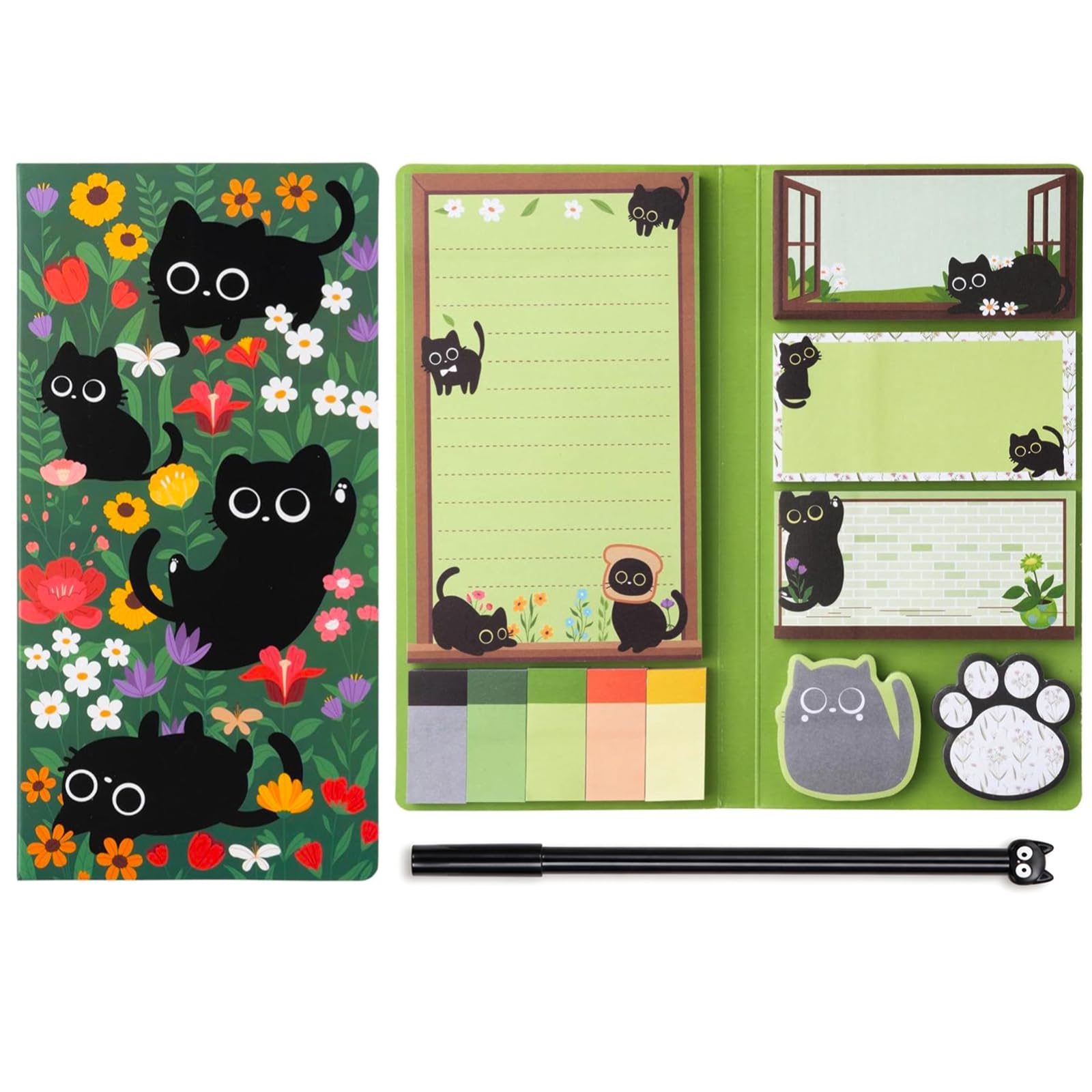2Pcs Black Cat Sticky Notes with Gel Pen, 440 Sheets Cute Cat Post It Notes, Cat Pens with Smooth Black Ink, Cute Cat Stationery Set for Daily Writing & Categorization, Gifts for Cat Lovers