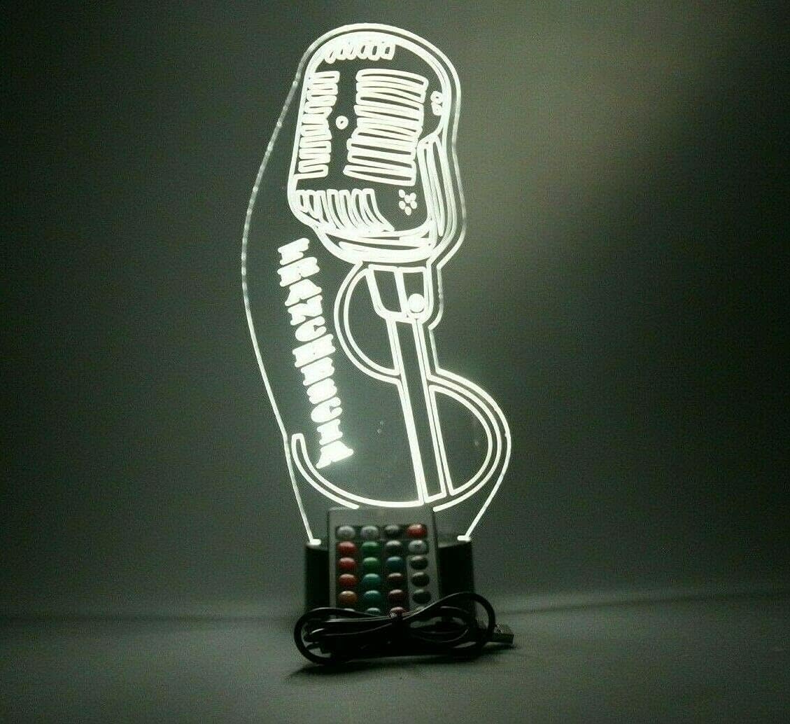 MIRROR MANIA MC DJ Microphone Music Sing Singer Night Light Up Lamp LED Free Engraved Custom Name Personalized Table Desk Lamp, with Remote, 16 Different Color Options, Dimmer, It's Wow, Great Gift