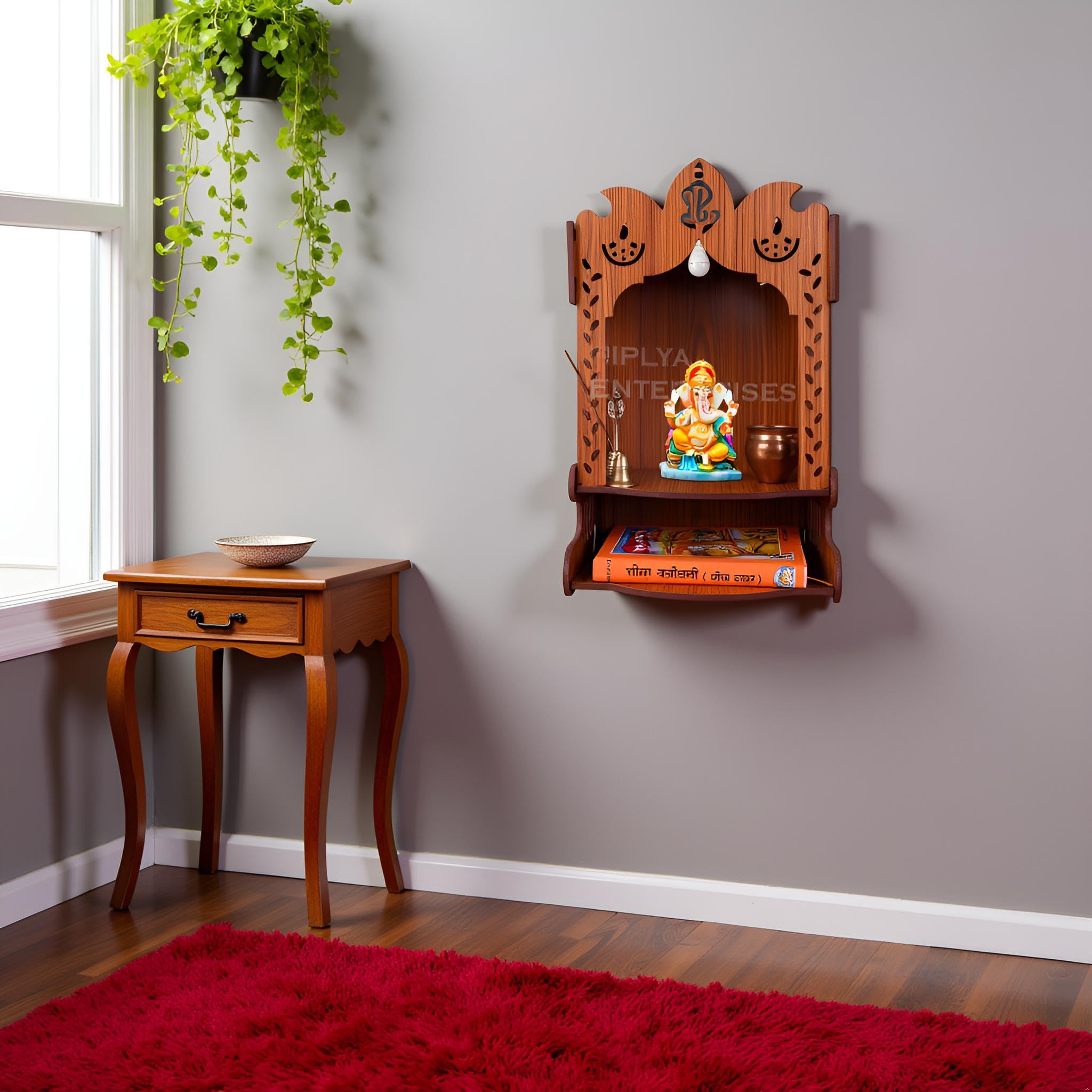 AR WALL Art Wall Mounted Polished Pooja Mandir in Light Finish | Compact Wooden Temple Style_68 for Home & Office (L-10.5 x W-8.25 x H-14.25 Inch) 3