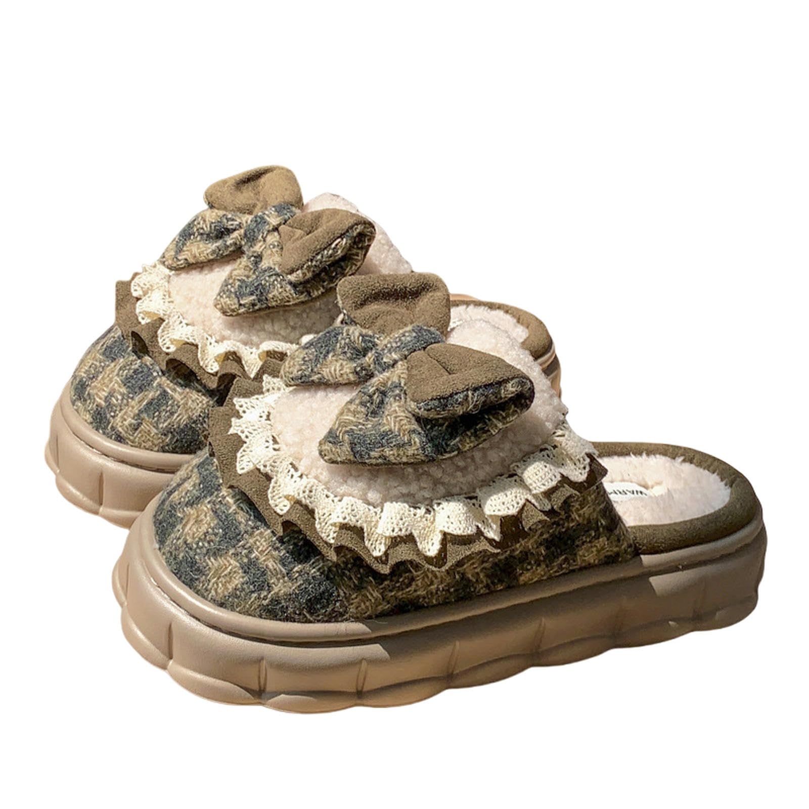 Pantofole Slifori di Cotone Bowknot per Donne Autunno E Inverno Interno E Usura Esterna più Velluto Caldo Non Slip-Verde Scuro-36 37
