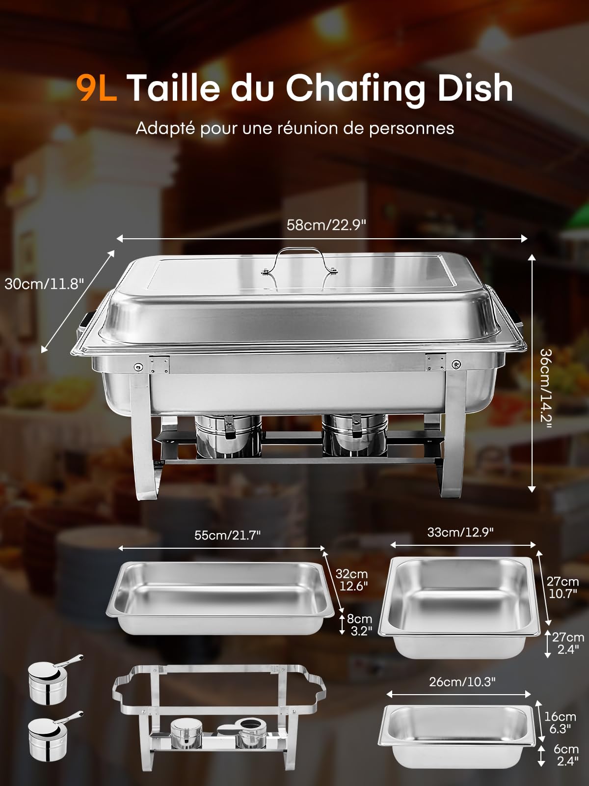 Lot de 4 Chafing Dish Buffet,9L Chauffe Plat Buffet en Acier Inoxydable, Buffet Chauffant Chauffe, Chafing Dish en Traiteur, Hôtel, Restaurant, Fêtes, Mariage, (2×GN1/1+2×GN1/2+4×GN1/4)