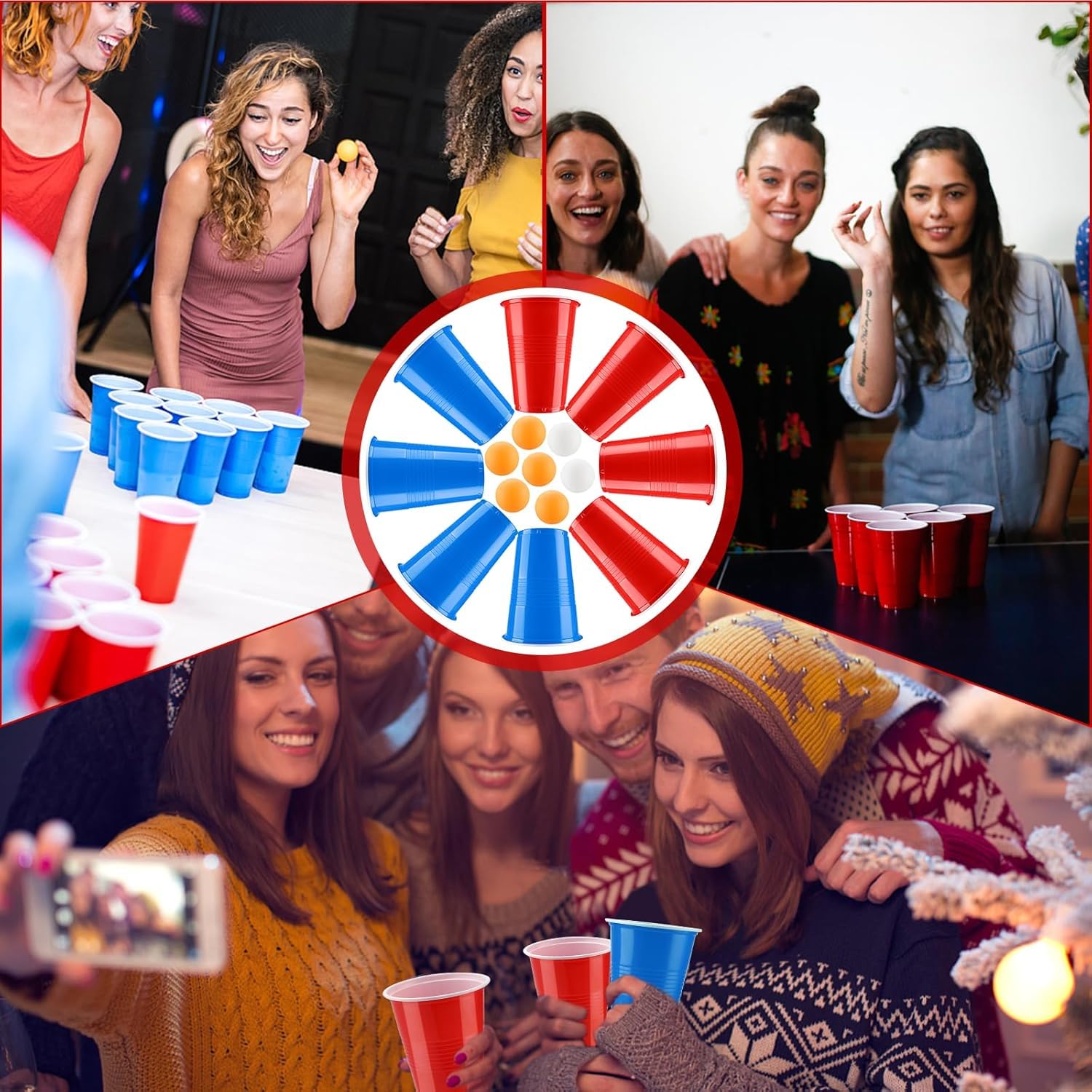 Beer Pong, 100 Bicchieri Beer Pong e 12 Palline da P ing Pong, Bicchiere di Plastica, 500ML Giochi Alcolici, per Adulti Festa di Compleanno di Natale