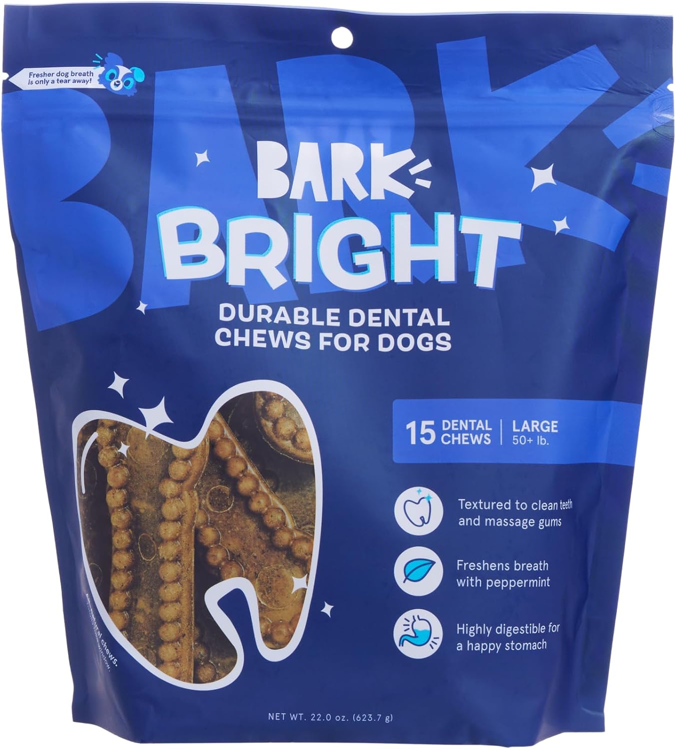 BARK Bright Durable Dental Chew Sticks for Dogs - 15 Long-Lasting Chews for Tough Chewers & Large Breeds