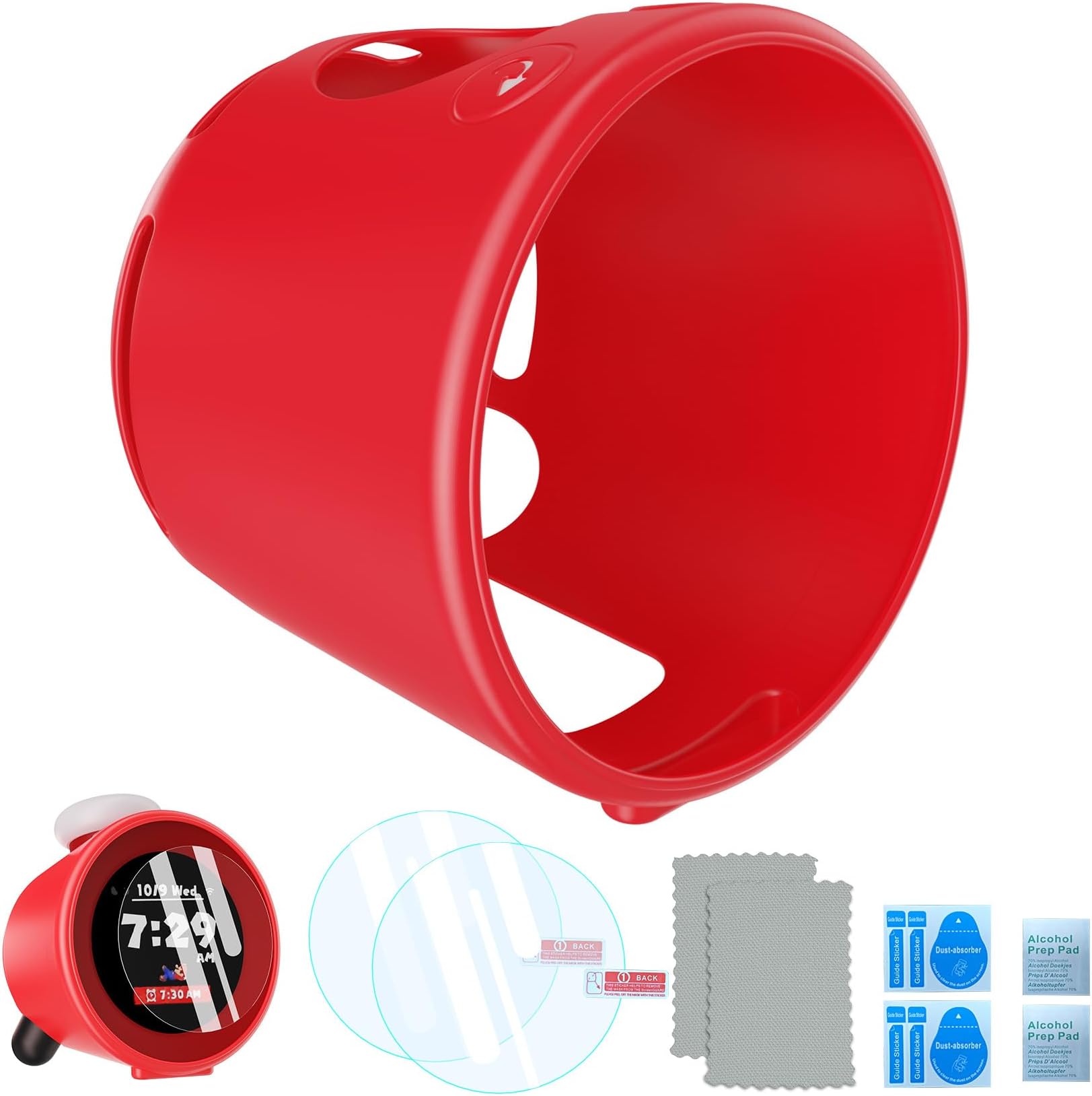 TanReginalSilicone Case and HD Glass Tempered Films for Nintendo Sound Clock Alarmo, Protective case and Film for Alarmo Nintendo, Red Case and 2 Pack Films Compatible with Nintendo Alarmo