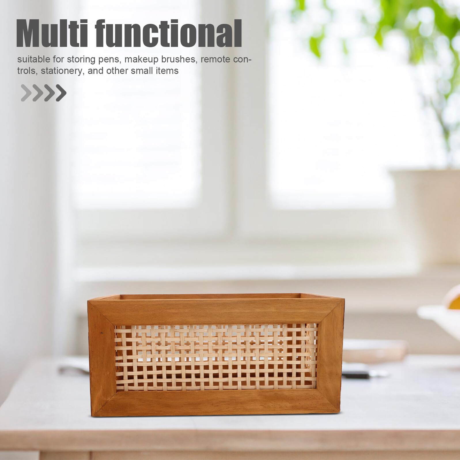 Cesta Rústica de Madera Rectangular para Almacenamiento y Decoración | Bambú Tejido, Asas Integradas, Color Caqui, Uso en Encimera y Oficina, Apta para Libros y Material