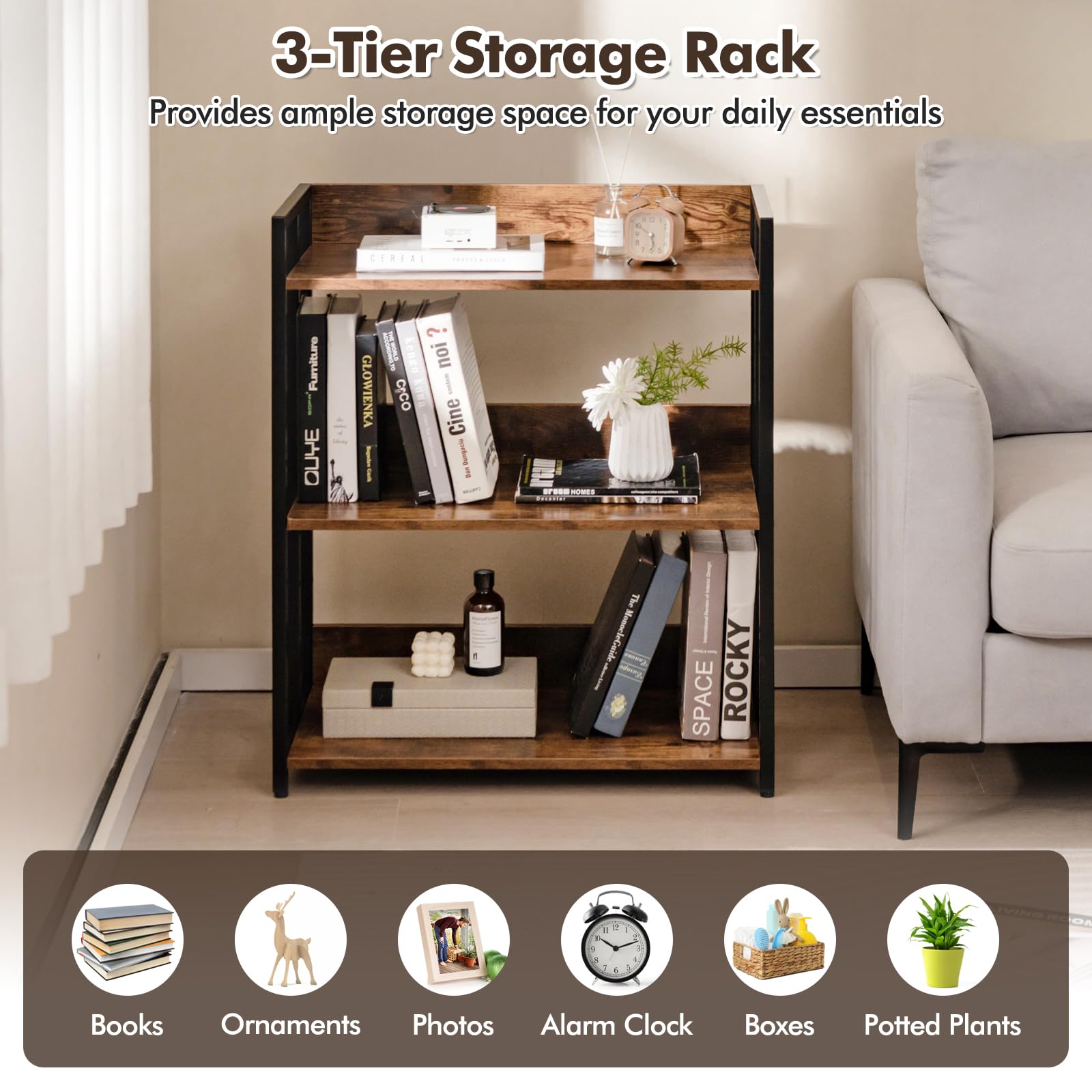 GIANTEX Bücherregal Industrial, Standregal 3 verstellbaren Ebenen mit Schutzklappen, Lagerregal Aufbewahrungsregal aus Holz & Metallrahmen, Multifunktionales Beistellregal 70 x 35 x 81 cm (Braun)