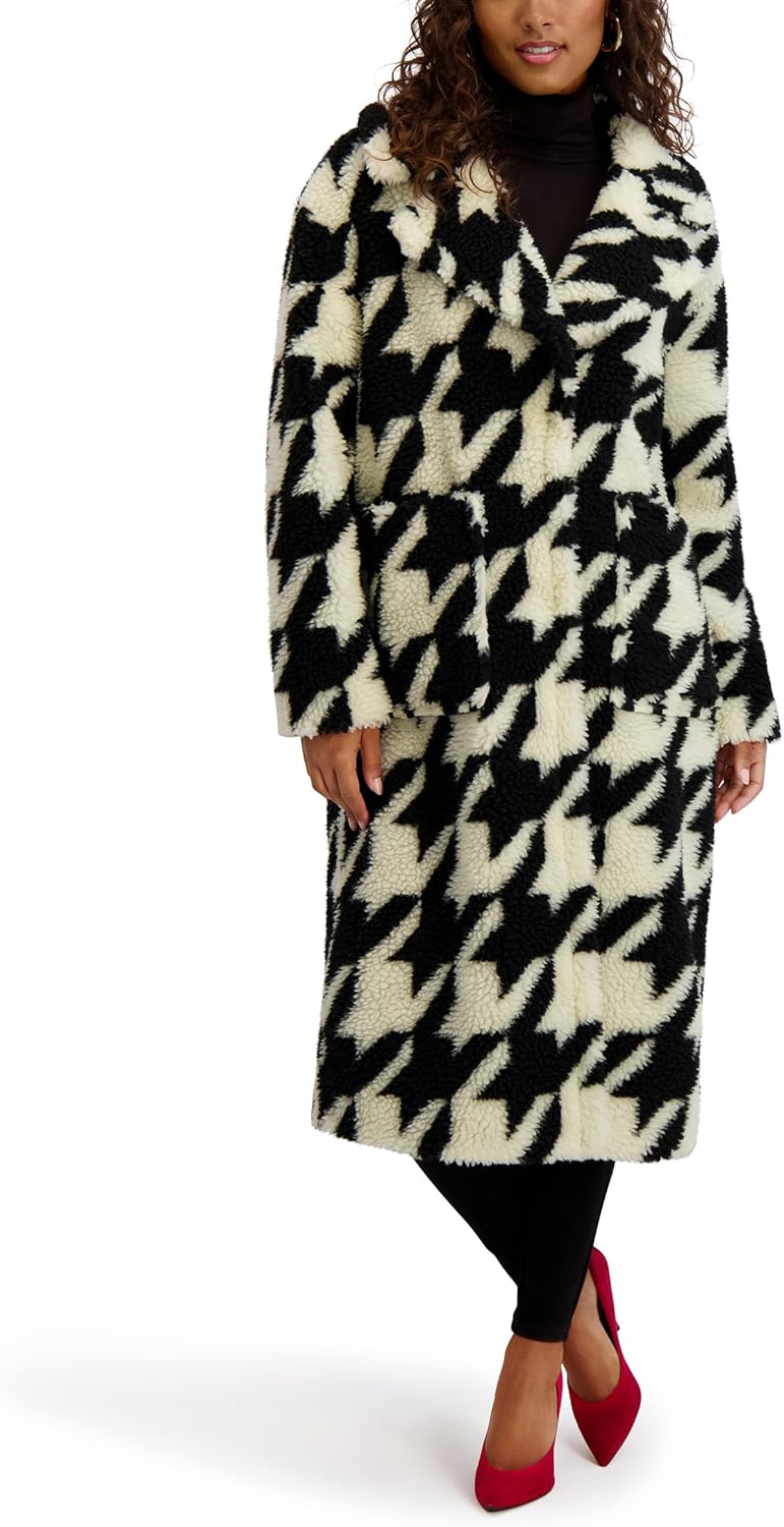 kensie Women's Outerwear Houndstooth Print Faux Fur Sherpa Walker Coat