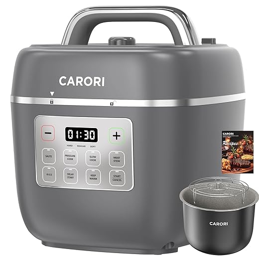 3QT Electric Pressure Cooker, 8-Function Compact Multi-Cooker with Ceramic Nonstick Pot – Saute, Pressure Cook, Slow Cook, Meat Stew, Rice, Delay Start, Keep Warm & Safe Venting, Gray