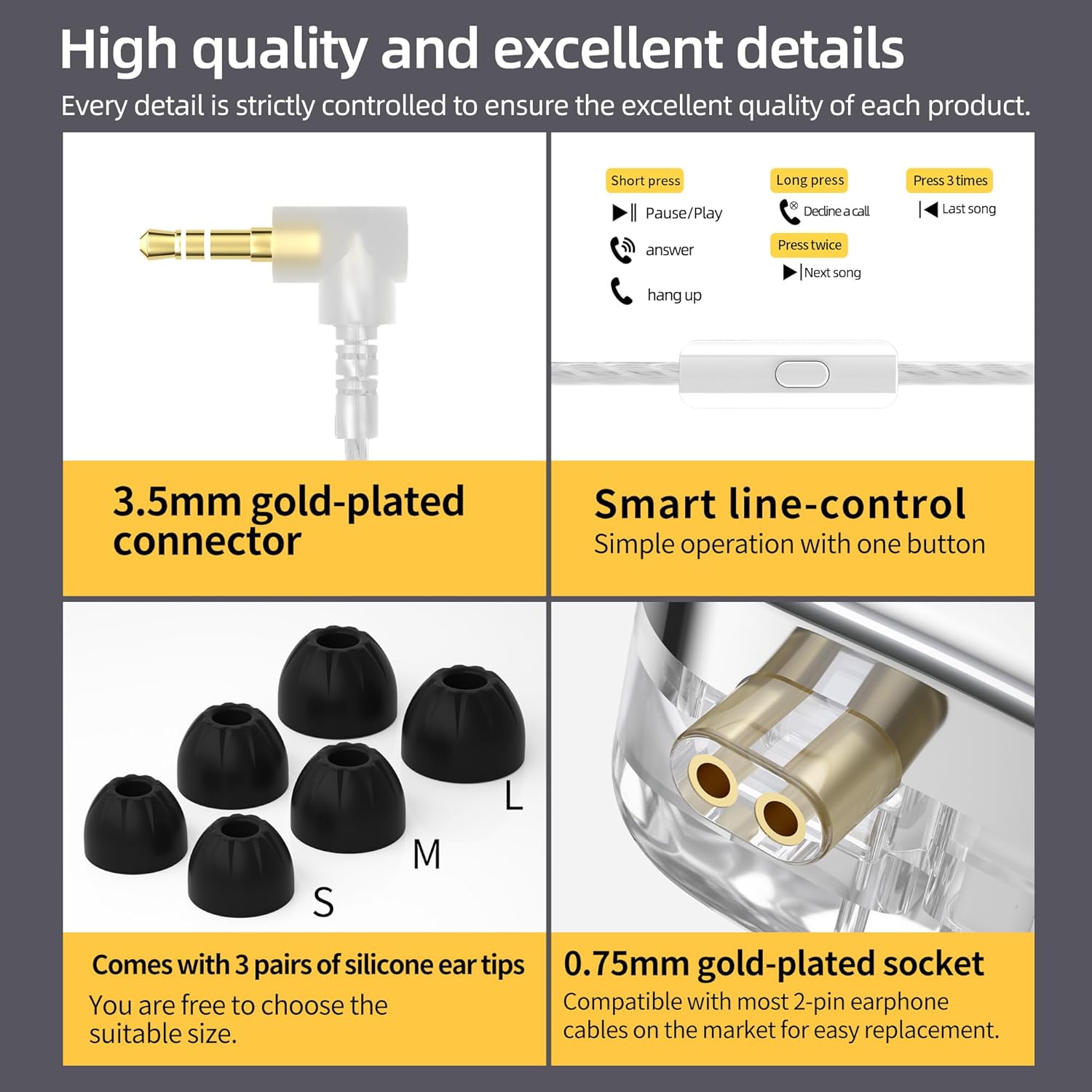 Image showing the included accessories: 3.5mm gold-plated connector, smart line-control, three pairs of silicone ear tips (S, M, L), and 0.75mm gold-plated socket.