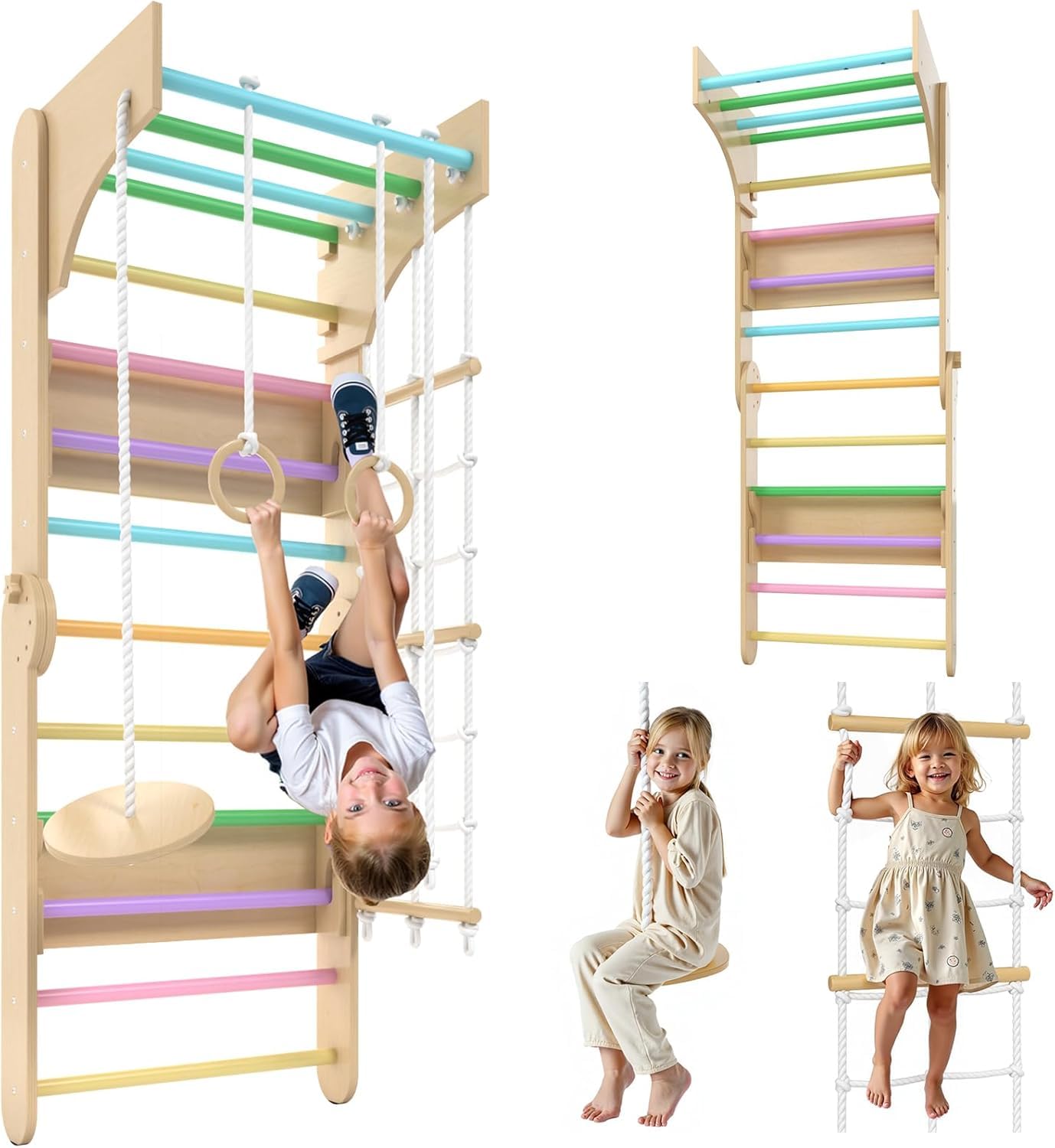 Struttura da arrampicata 6 in 1 con parete da arrampicata, altalena e anelli, set in legno per abilità motorie e divertimento al chiuso