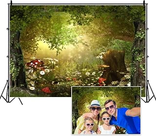 8x6ft Forest Backdrop Tropical Fairytale Woodland Landscape Mushroom Flower Sunshine Natural Scenery Photography Background Adventure Travel Camping Party Studio Photo Props Polyester