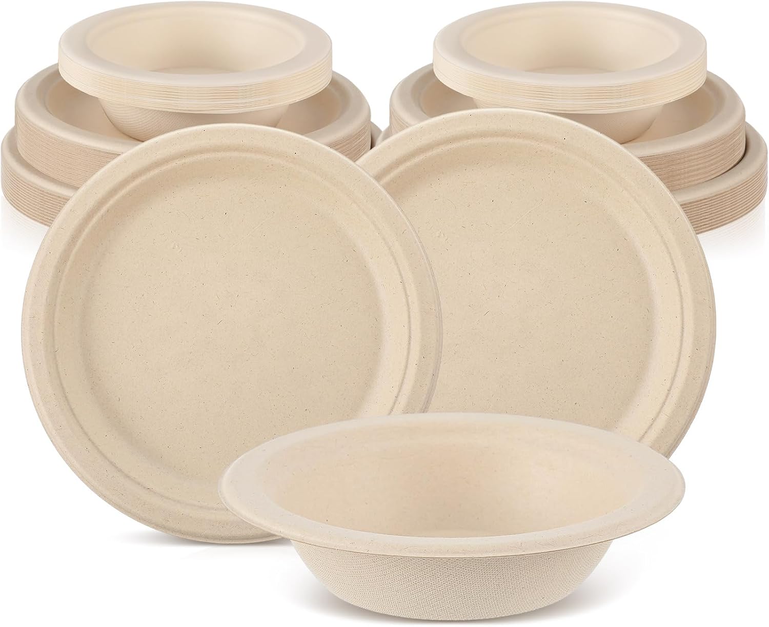 Havawish 75 Pcs Compostable Paper Plates and Bowls Set 9 Inch 10 Inch Disposable Plate 16oz Biodegradable Bowls for 25 Guests Party Dinner Party Supplies Bulk, Wood