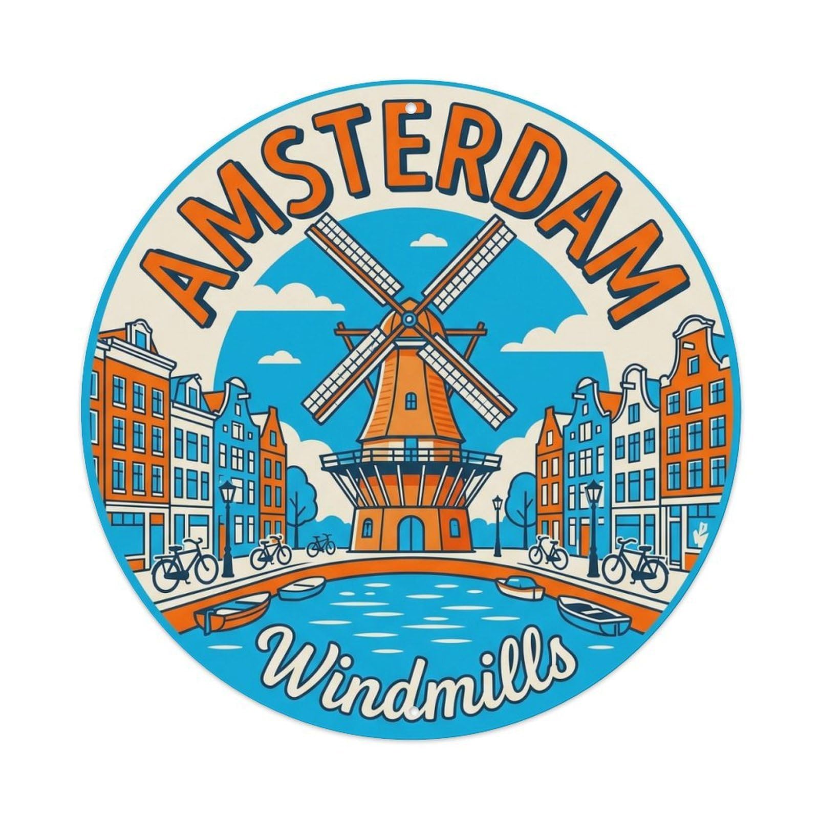 Vintage Travel Amsterdam Windmill Holland Metal Tin Sign Plaque Wall Decor for Cafe, Club, Garden Round Metal Poster 8x8Inch