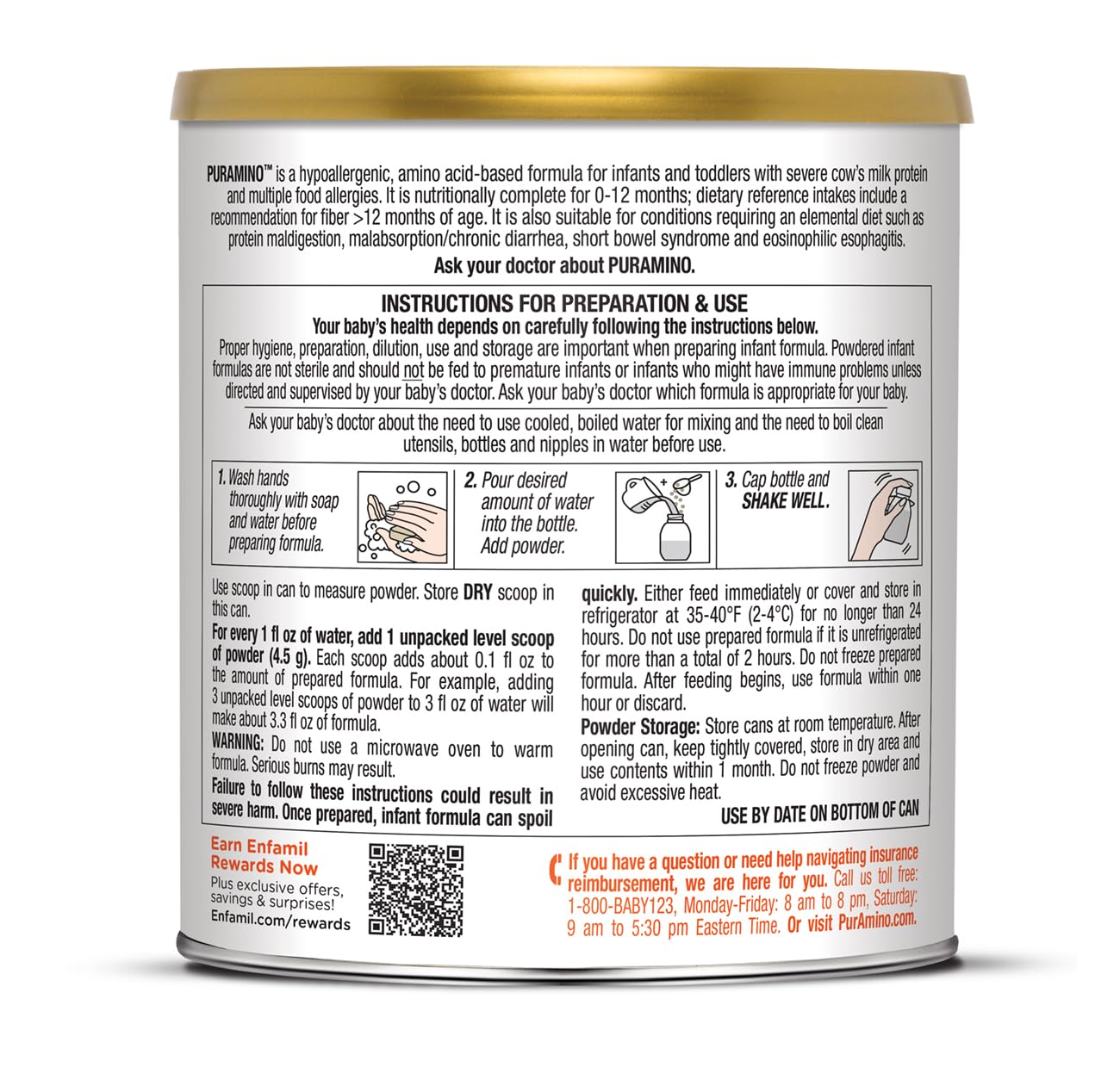 PurAmino Hypoallergenic Infant Drink, for Severe Food Allergies, Omega-3 DHA, Iron, Immune Support, Powder Can, 14.1 Oz (4 Count)