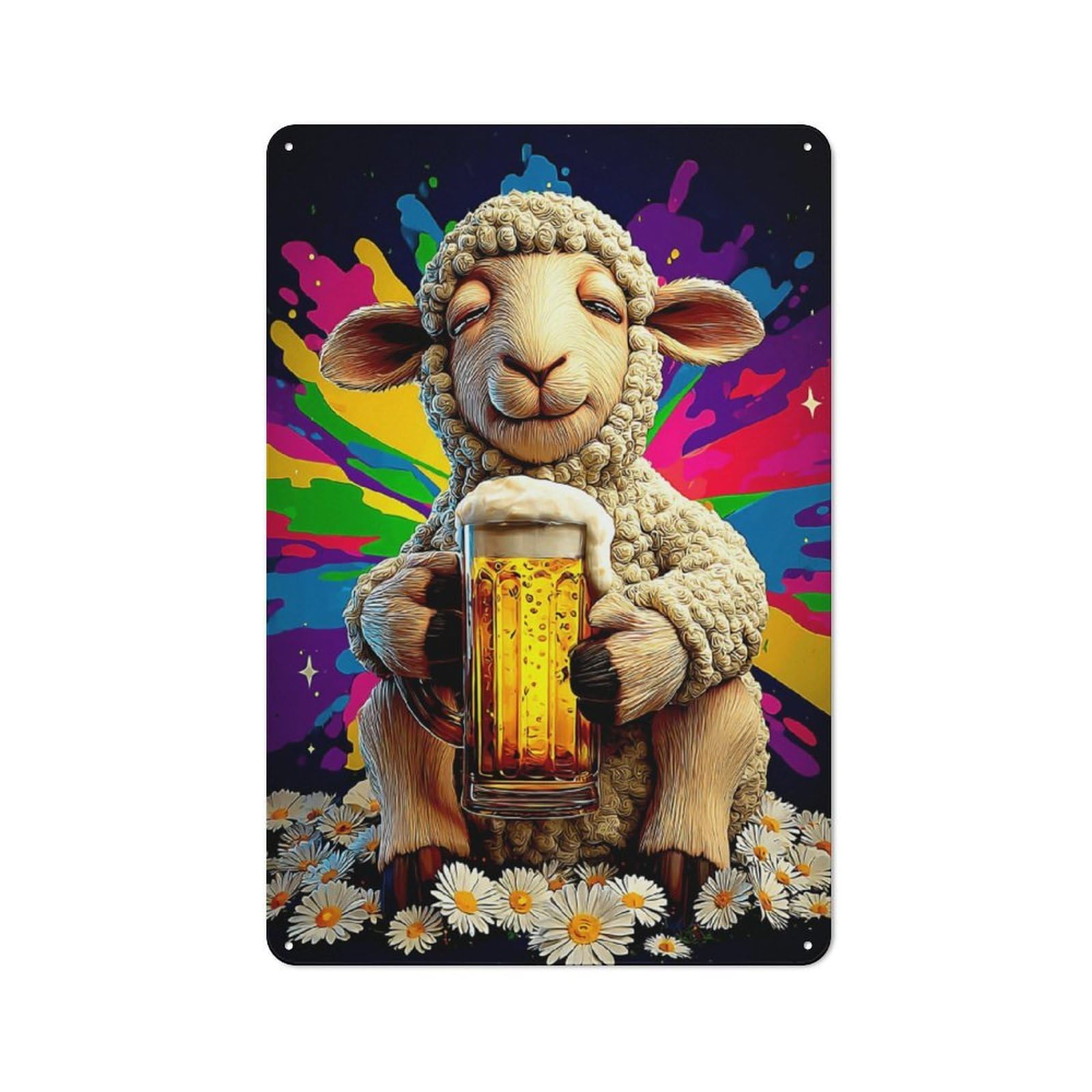 Rustic Tin Wall Sign 30x20cm Featuring Relaxed Sheep with Beer Mug, Bistro Wall Plaque for Restaurant, Kitchen, Counter Or Breakfast Nook