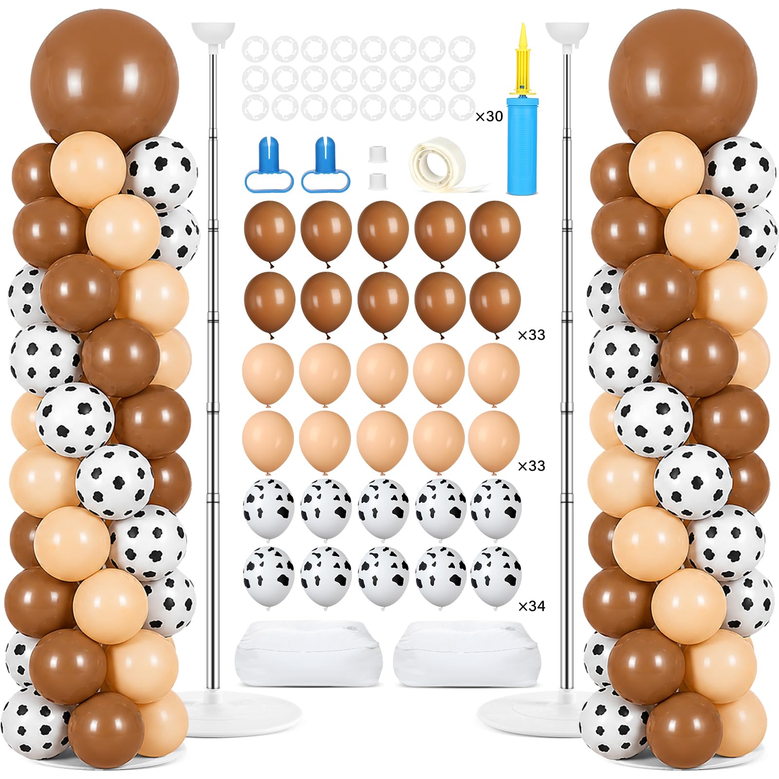 2 Sets Adjustable Balloon Column Stand Kit with Bases（Western Cowboy Brown） | Reusable Stainless Steel Poles, 102 Balloons with Pump, Floor Decor, Western Cowboy Cowgirl Farm Wild Baby Shower Decorations
